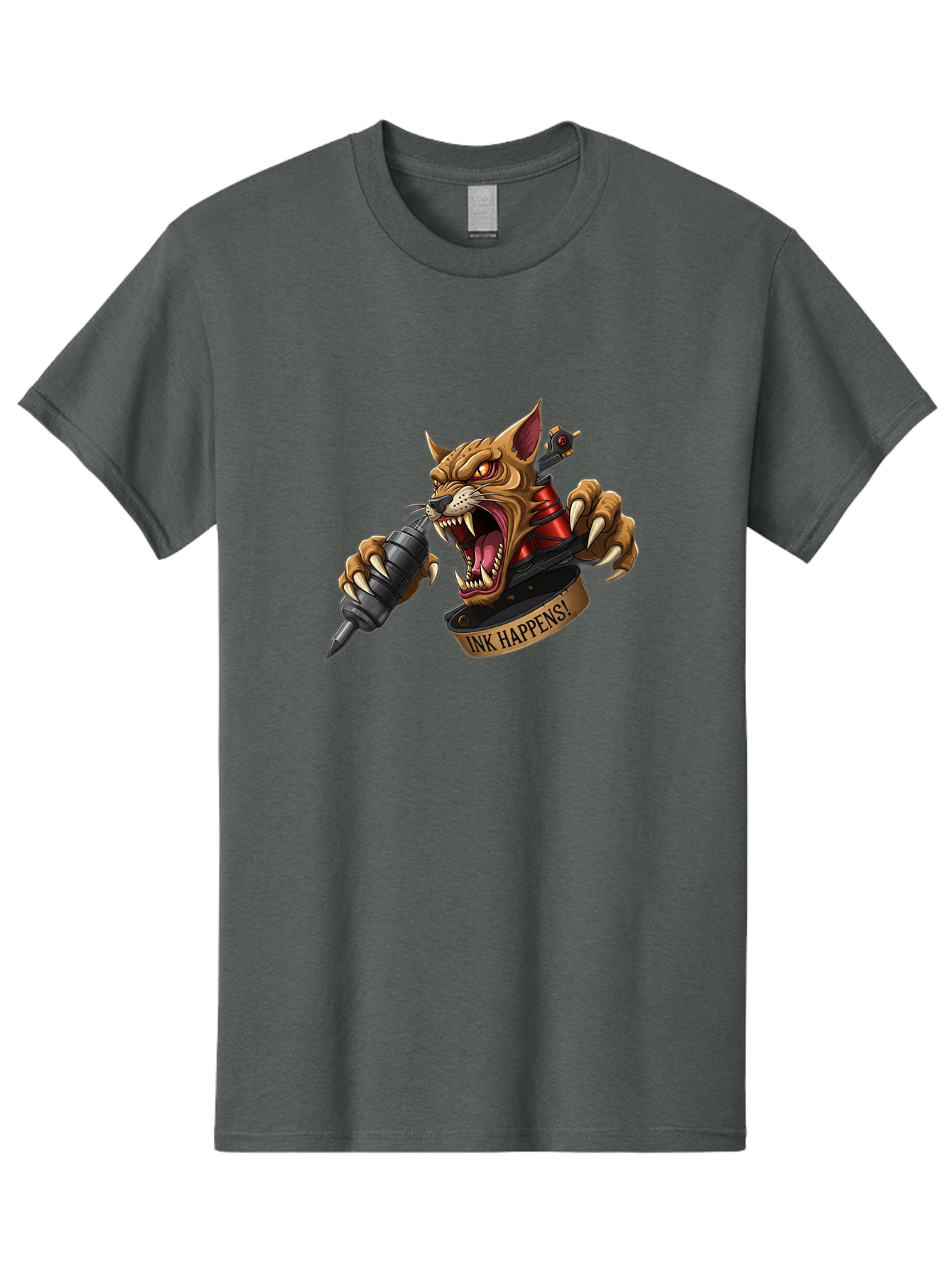 Ink-Happens-1 Men'S Graphic Tee, 100% Cotton, Comfortable Casual Summer Wear, Machine Washable, Tattoo Machine, Snarling Cat, Aggressive Animal, Ink Art, Tattoo Culture, Body Art, Tattoo Design, Cat Tattoo, Ink Happens! Bad215