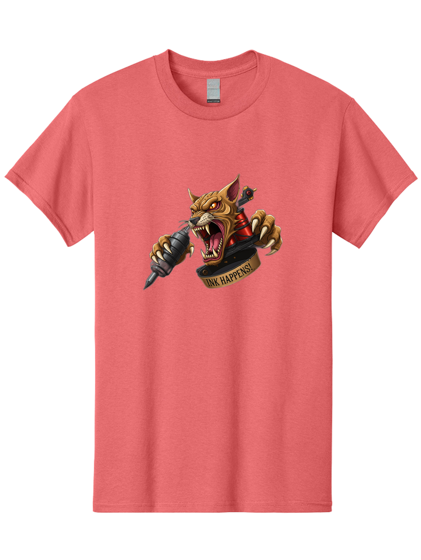 Ink-Happens-1 Men'S Graphic Tee, 100% Cotton, Comfortable Casual Summer Wear, Machine Washable, Tattoo Machine, Snarling Cat, Aggressive Animal, Ink Art, Tattoo Culture, Body Art, Tattoo Design, Cat Tattoo, Ink Happens! Bad215