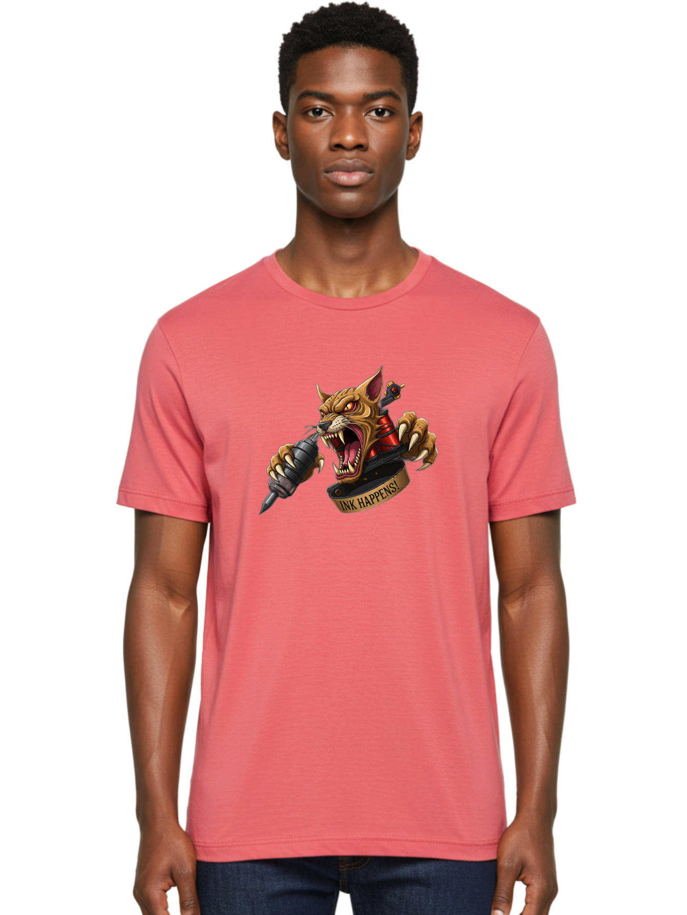 Ink-Happens-1 Men'S Graphic Tee, 100% Cotton, Comfortable Casual Summer Wear, Machine Washable, Tattoo Machine, Snarling Cat, Aggressive Animal, Ink Art, Tattoo Culture, Body Art, Tattoo Design, Cat Tattoo, Ink Happens! Bad215
