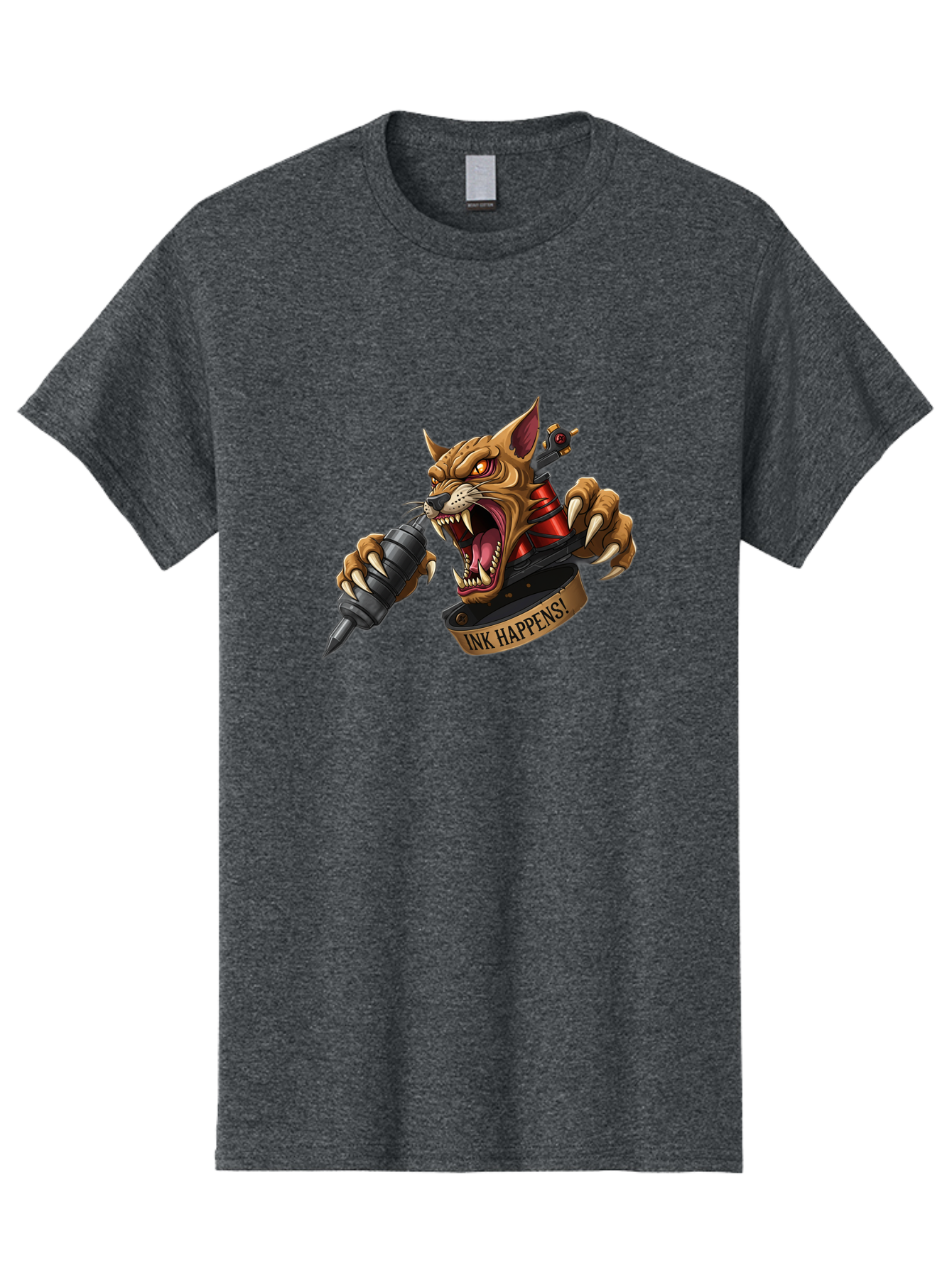 Ink-Happens-1 Men'S Graphic Tee, 100% Cotton, Comfortable Casual Summer Wear, Machine Washable, Tattoo Machine, Snarling Cat, Aggressive Animal, Ink Art, Tattoo Culture, Body Art, Tattoo Design, Cat Tattoo, Ink Happens! Bad215