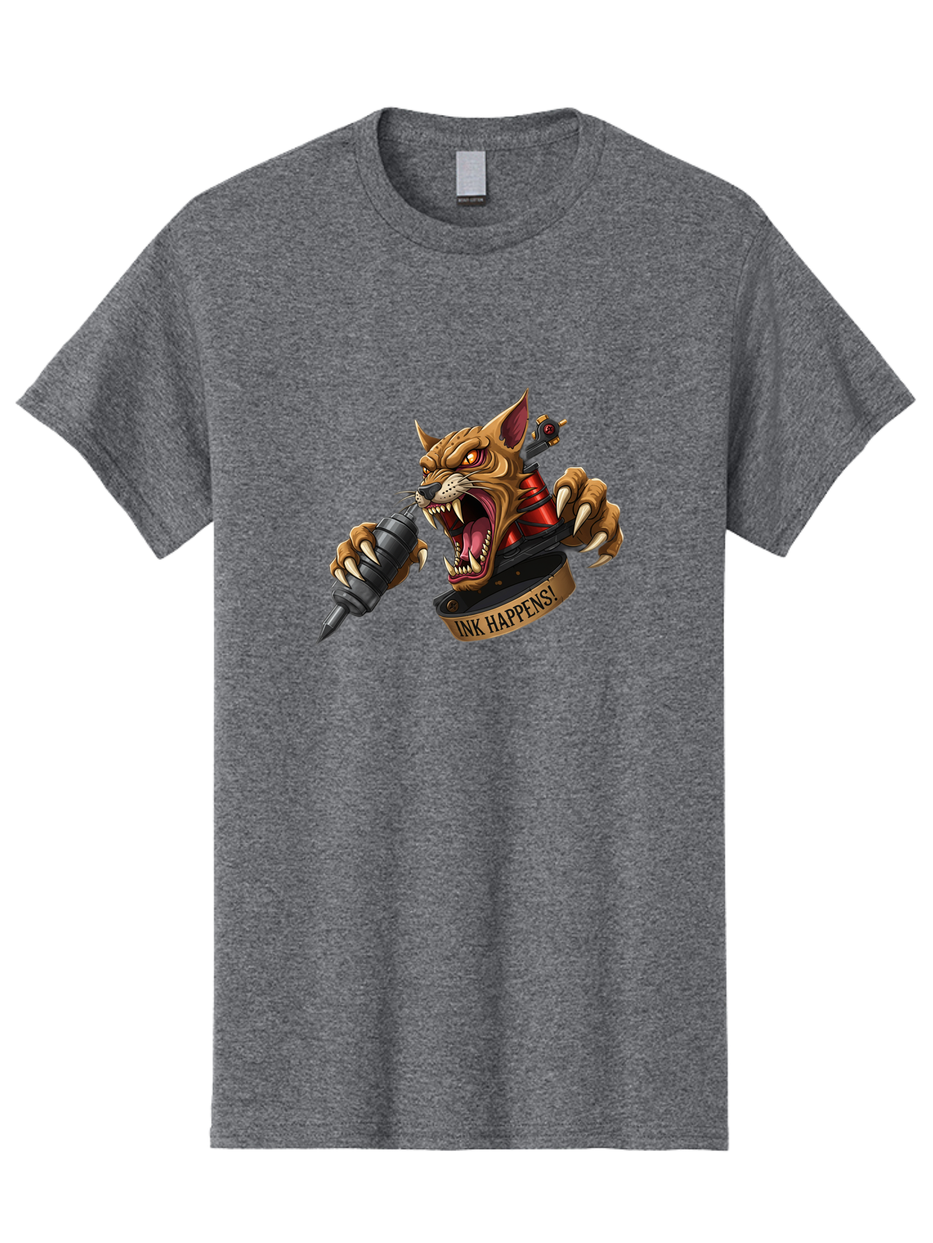 Ink-Happens-1 Men'S Graphic Tee, 100% Cotton, Comfortable Casual Summer Wear, Machine Washable, Tattoo Machine, Snarling Cat, Aggressive Animal, Ink Art, Tattoo Culture, Body Art, Tattoo Design, Cat Tattoo, Ink Happens! Bad215