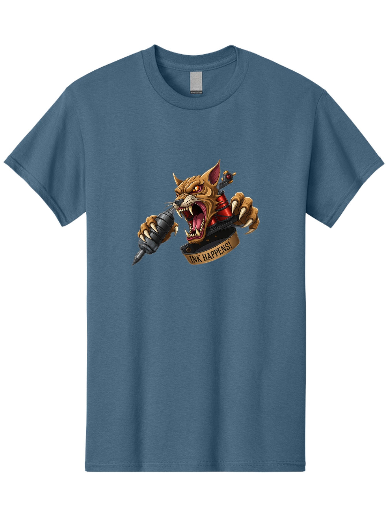 Ink-Happens-1 Men'S Graphic Tee, 100% Cotton, Comfortable Casual Summer Wear, Machine Washable, Tattoo Machine, Snarling Cat, Aggressive Animal, Ink Art, Tattoo Culture, Body Art, Tattoo Design, Cat Tattoo, Ink Happens! Bad215
