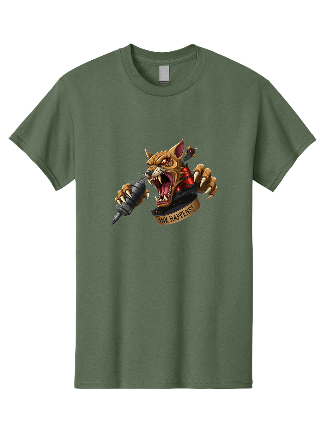 Ink-Happens-1 Men'S Graphic Tee, 100% Cotton, Comfortable Casual Summer Wear, Machine Washable, Tattoo Machine, Snarling Cat, Aggressive Animal, Ink Art, Tattoo Culture, Body Art, Tattoo Design, Cat Tattoo, Ink Happens! Bad215
