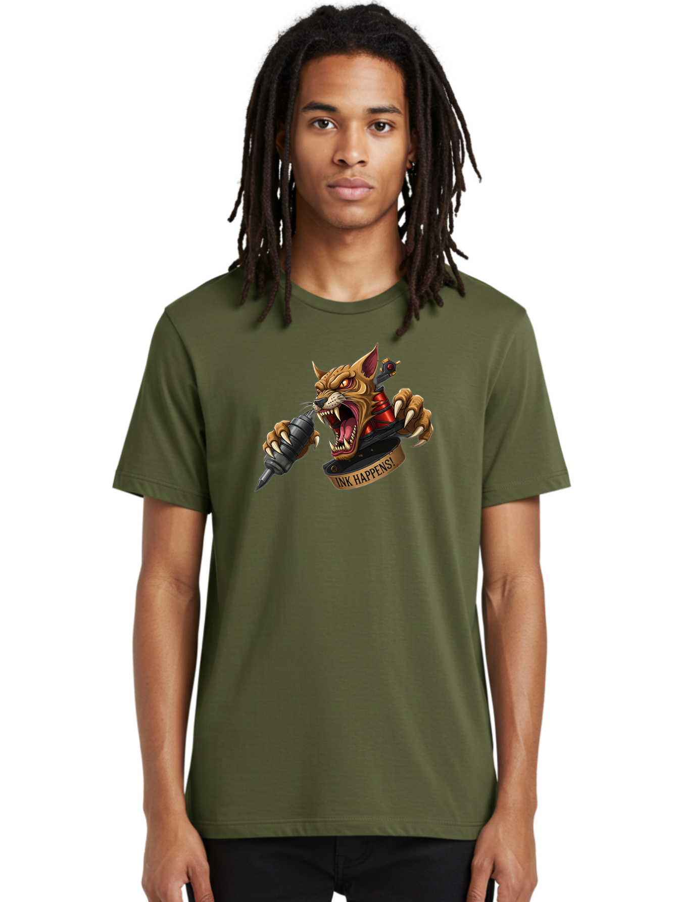 Ink-Happens-1 Men'S Graphic Tee, 100% Cotton, Comfortable Casual Summer Wear, Machine Washable, Tattoo Machine, Snarling Cat, Aggressive Animal, Ink Art, Tattoo Culture, Body Art, Tattoo Design, Cat Tattoo, Ink Happens! Bad215