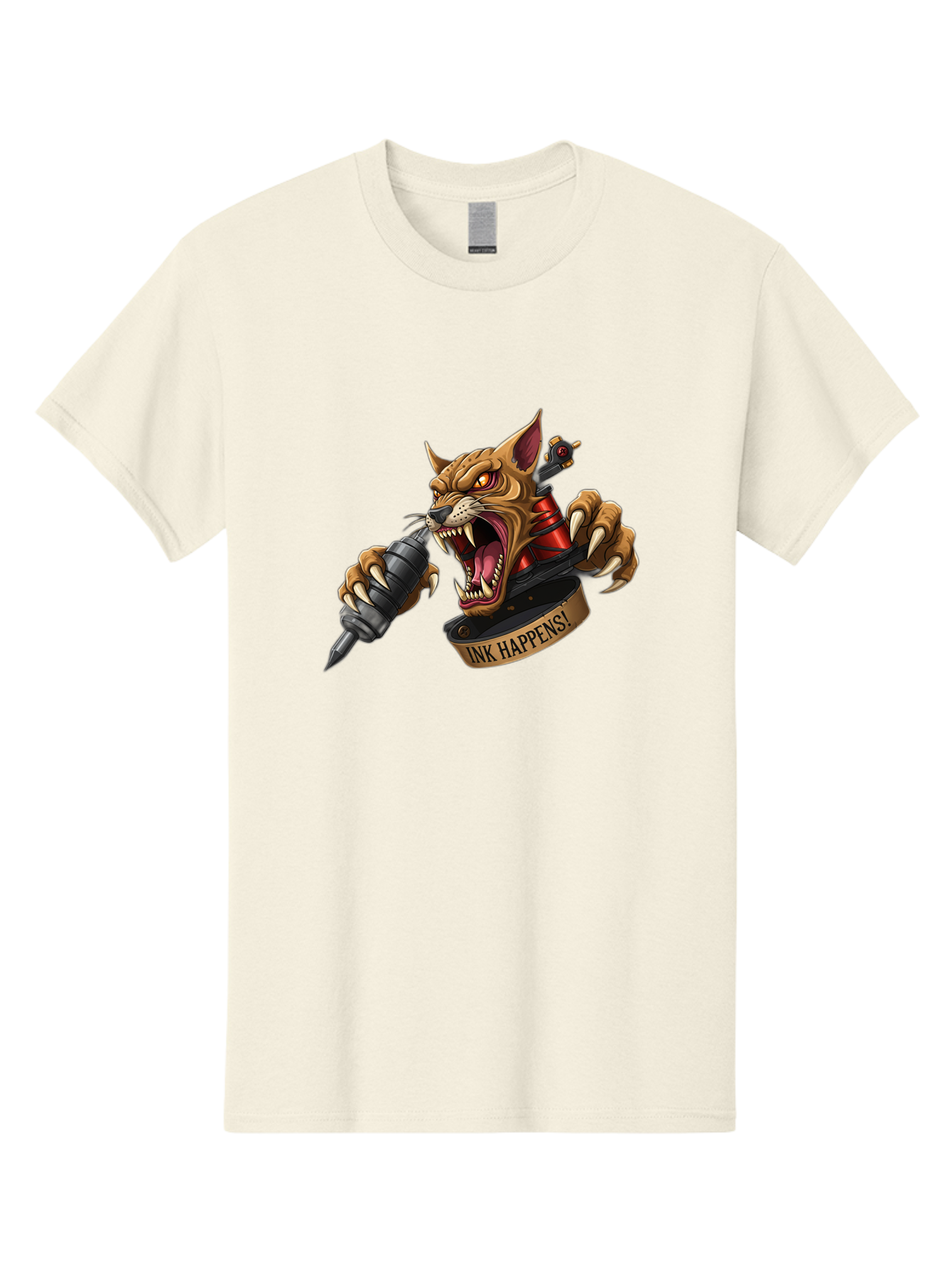 Ink-Happens-1 Men'S Graphic Tee, 100% Cotton, Comfortable Casual Summer Wear, Machine Washable, Tattoo Machine, Snarling Cat, Aggressive Animal, Ink Art, Tattoo Culture, Body Art, Tattoo Design, Cat Tattoo, Ink Happens! Bad215