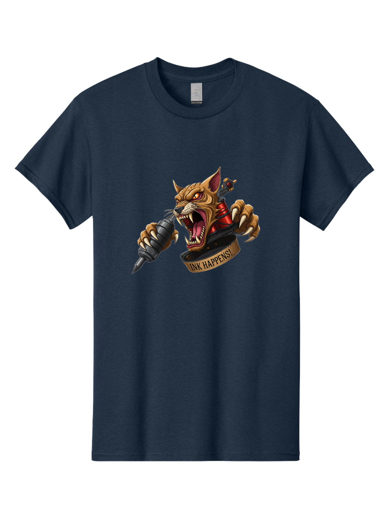 Ink-Happens-1 Men'S Graphic Tee, 100% Cotton, Comfortable Casual Summer Wear, Machine Washable, Tattoo Machine, Snarling Cat, Aggressive Animal, Ink Art, Tattoo Culture, Body Art, Tattoo Design, Cat Tattoo, Ink Happens! Bad215