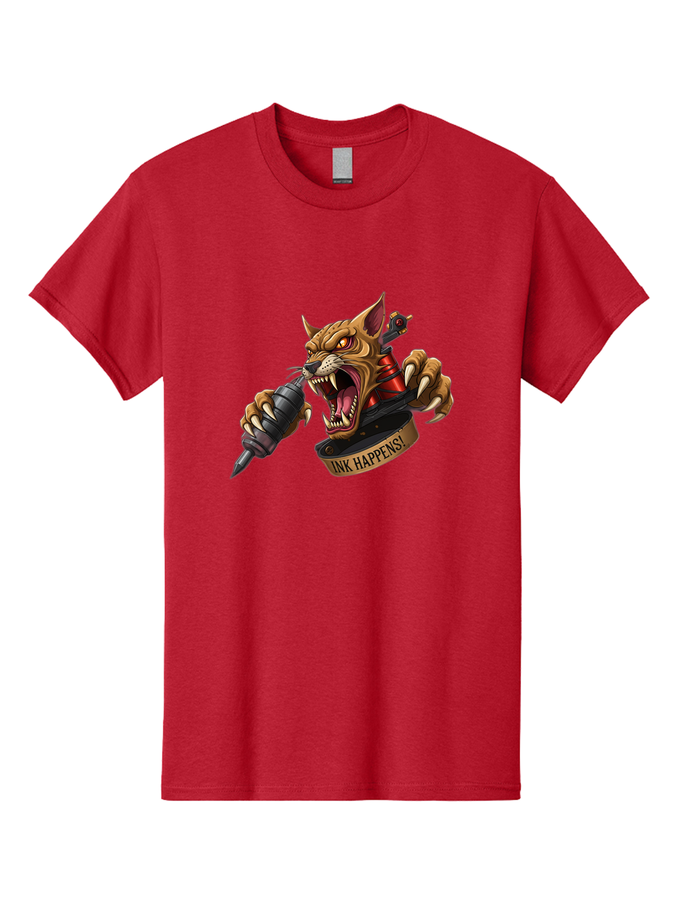 Ink-Happens-1 Men'S Graphic Tee, 100% Cotton, Comfortable Casual Summer Wear, Machine Washable, Tattoo Machine, Snarling Cat, Aggressive Animal, Ink Art, Tattoo Culture, Body Art, Tattoo Design, Cat Tattoo, Ink Happens! Bad215