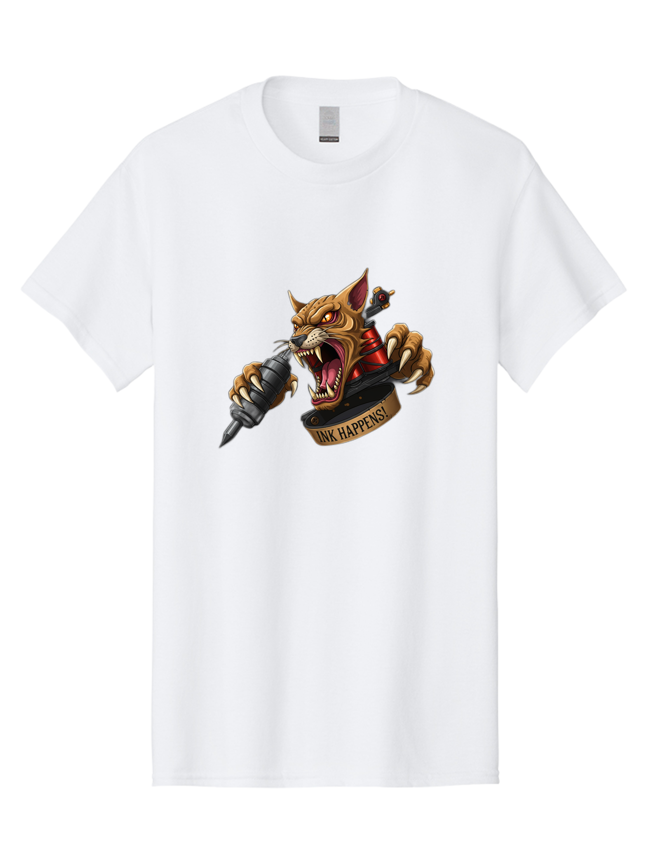 Ink-Happens-1 Men'S Graphic Tee, 100% Cotton, Comfortable Casual Summer Wear, Machine Washable, Tattoo Machine, Snarling Cat, Aggressive Animal, Ink Art, Tattoo Culture, Body Art, Tattoo Design, Cat Tattoo, Ink Happens! Bad215