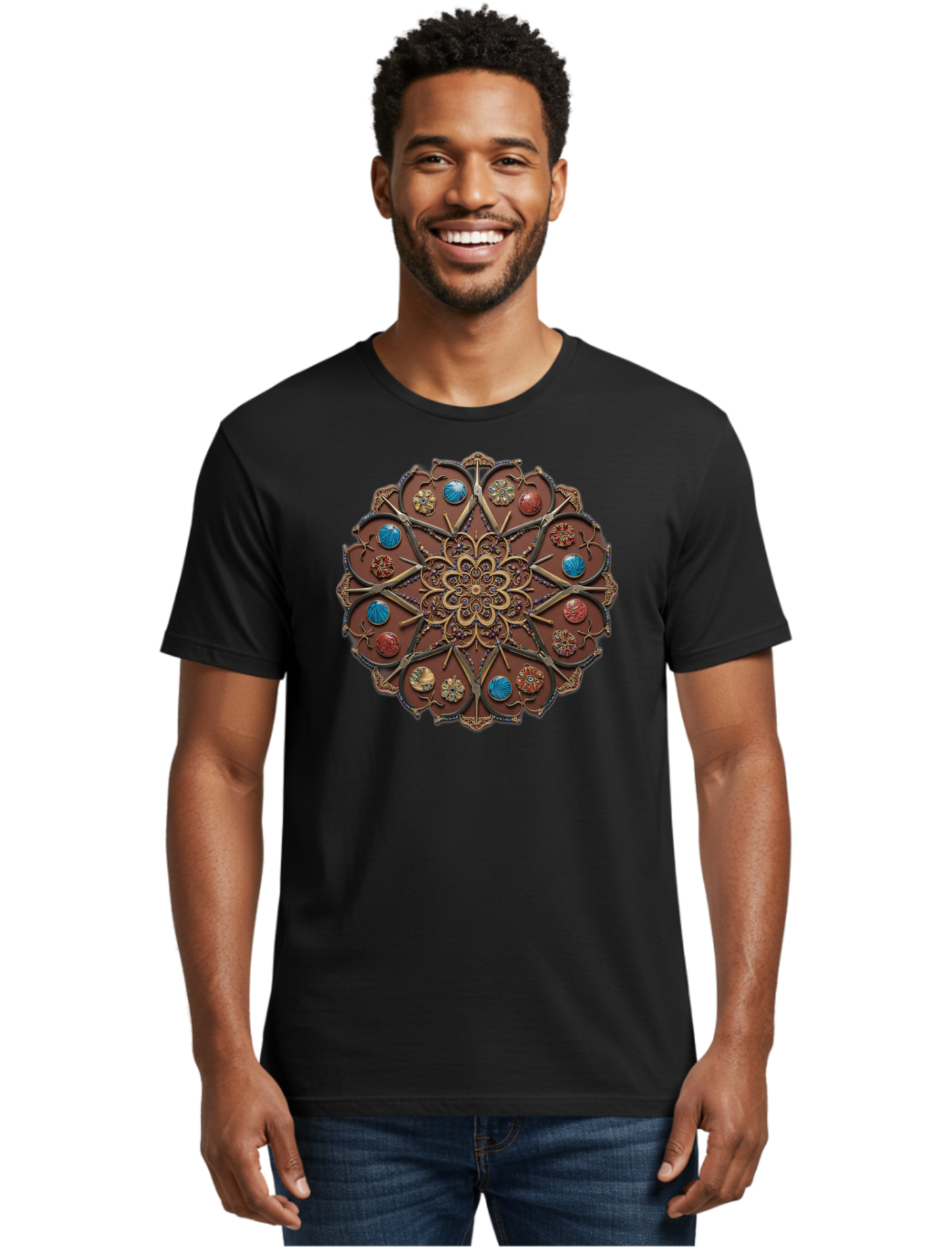 Intricate-Design Men'S Graphic Tee, 100% Cotton, Comfortable Casual Summer Wear, Machine Washable, Mandala Artwork, Intricate Patterns, Ornate Details, Floral Motifs, Symmetry, Decorative Art, Cultural Heritage, Colorful Design, Detailed Work, Bad218