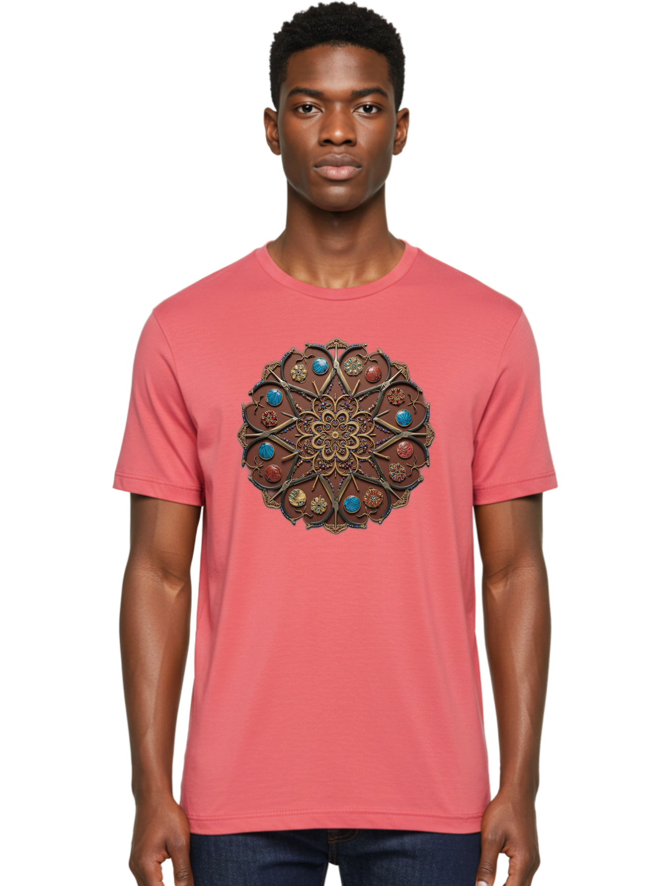 Intricate-Design Men'S Graphic Tee, 100% Cotton, Comfortable Casual Summer Wear, Machine Washable, Mandala Artwork, Intricate Patterns, Ornate Details, Floral Motifs, Symmetry, Decorative Art, Cultural Heritage, Colorful Design, Detailed Work, Bad218