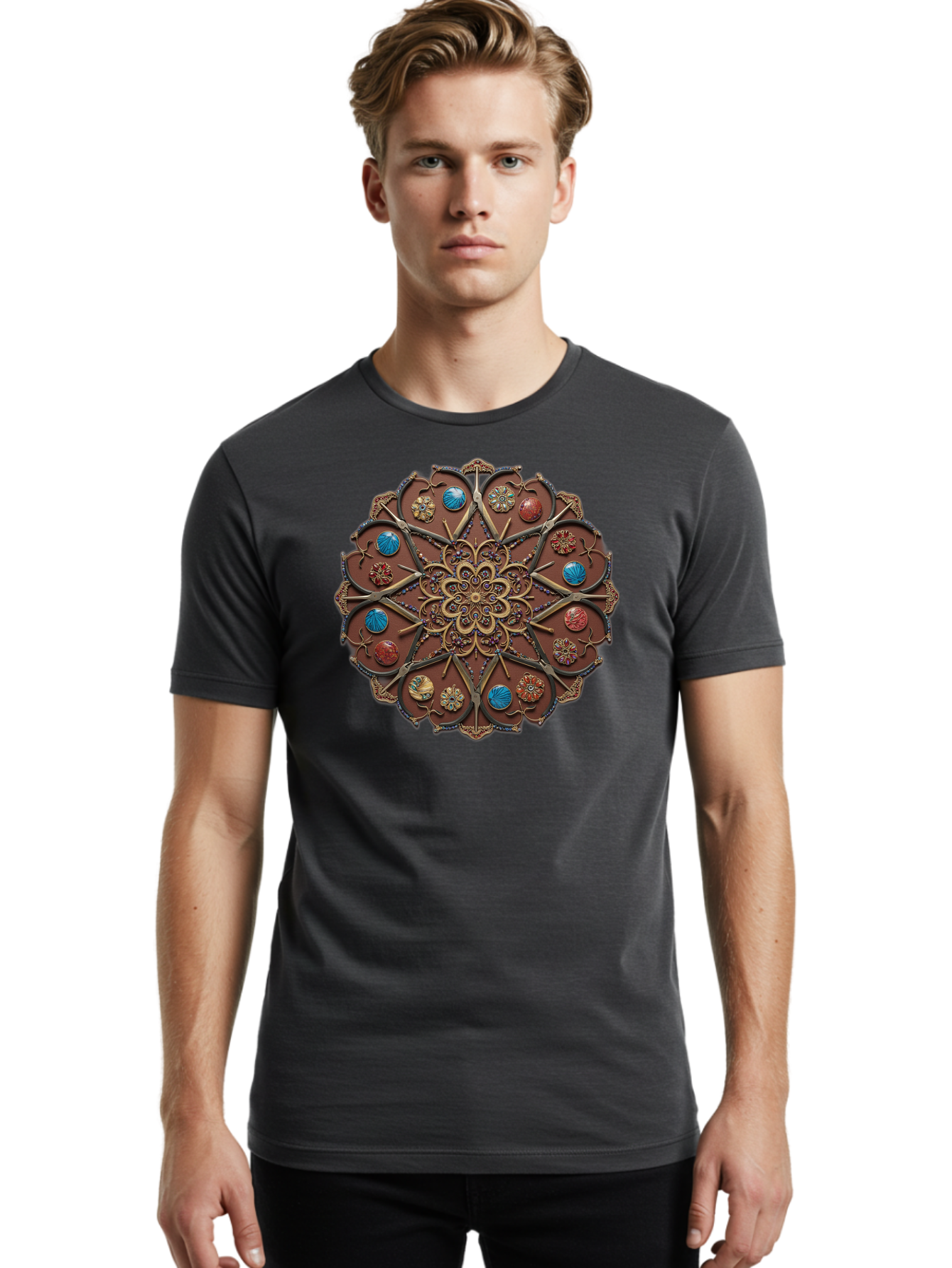 Intricate-Design Men'S Graphic Tee, 100% Cotton, Comfortable Casual Summer Wear, Machine Washable, Mandala Artwork, Intricate Patterns, Ornate Details, Floral Motifs, Symmetry, Decorative Art, Cultural Heritage, Colorful Design, Detailed Work, Bad218