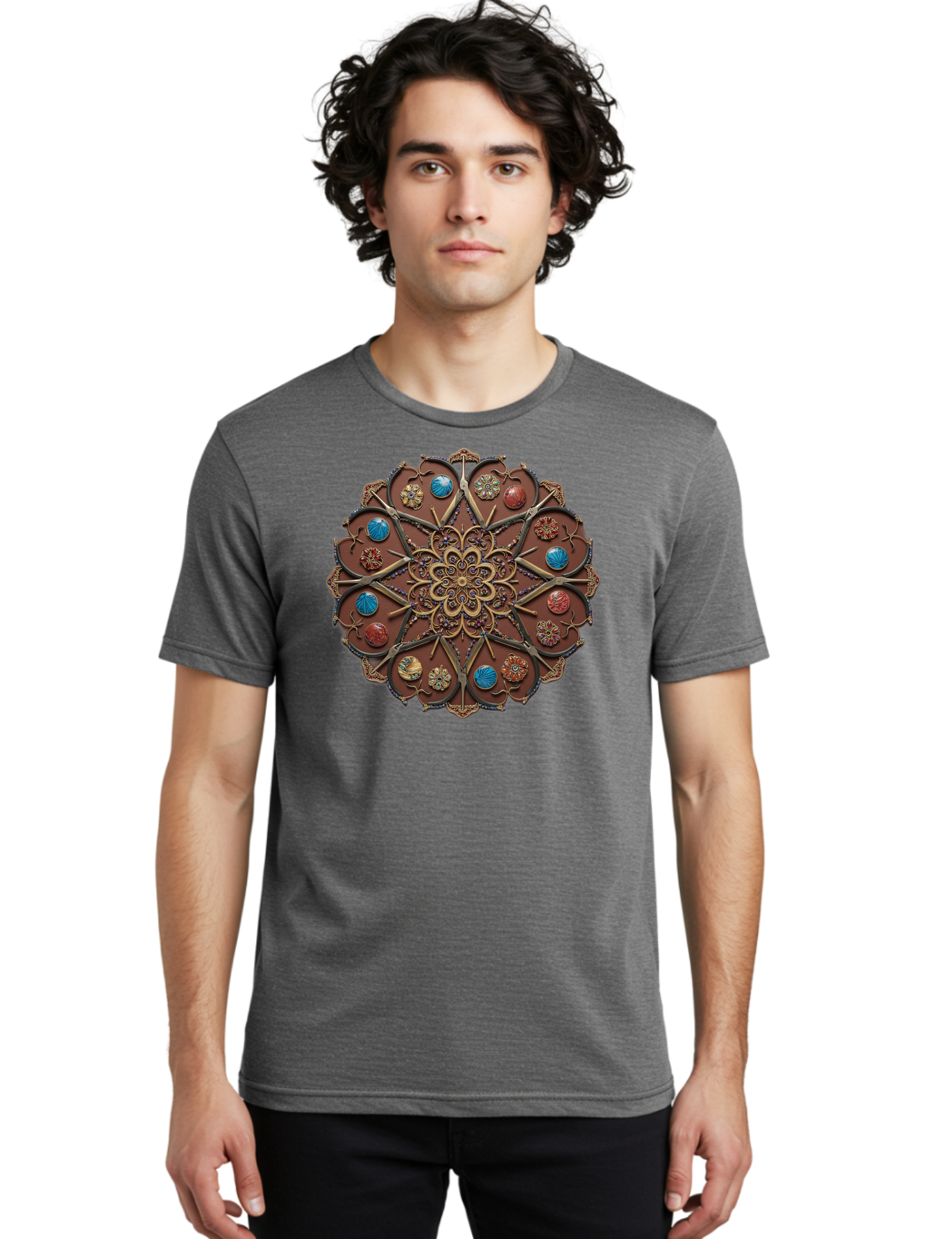 Intricate-Design Men'S Graphic Tee, 100% Cotton, Comfortable Casual Summer Wear, Machine Washable, Mandala Artwork, Intricate Patterns, Ornate Details, Floral Motifs, Symmetry, Decorative Art, Cultural Heritage, Colorful Design, Detailed Work, Bad218