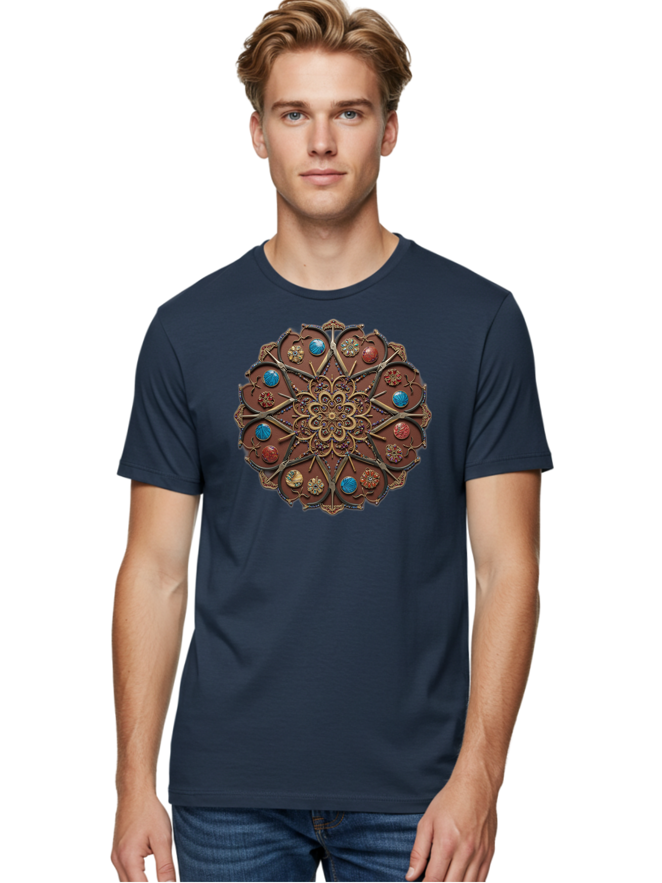 Intricate-Design Men'S Graphic Tee, 100% Cotton, Comfortable Casual Summer Wear, Machine Washable, Mandala Artwork, Intricate Patterns, Ornate Details, Floral Motifs, Symmetry, Decorative Art, Cultural Heritage, Colorful Design, Detailed Work, Bad218
