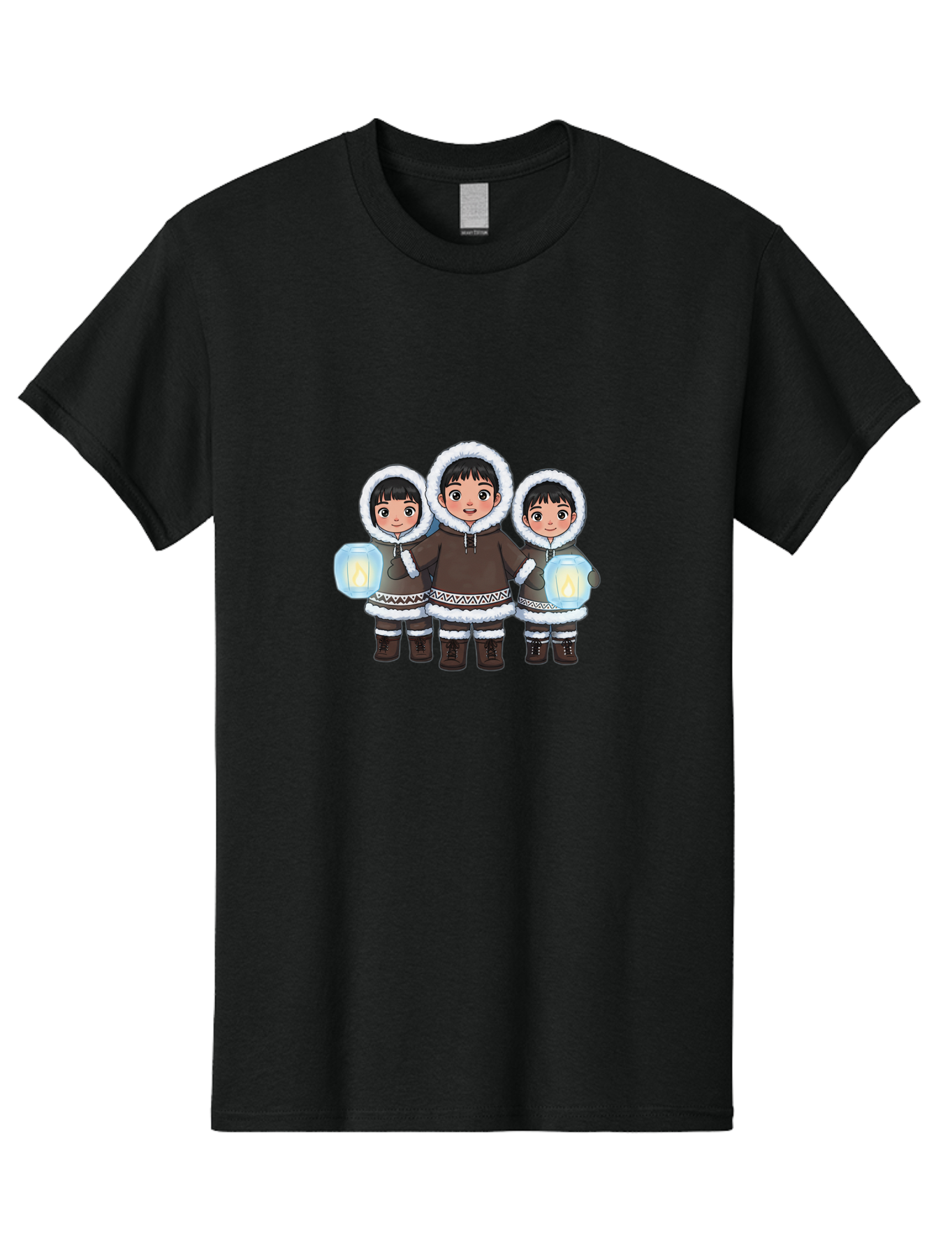 Inuit-Children-With-Lanterns Men'S Graphic Tee, 100% Cotton, Comfortable Casual Summer Wear, Machine Washable, Inuit Children, Traditional Clothing, Fur-Lined Hoods, Lanterns In Hands, Winter Attire, Arctic Culture, Indigenous People, Bad219