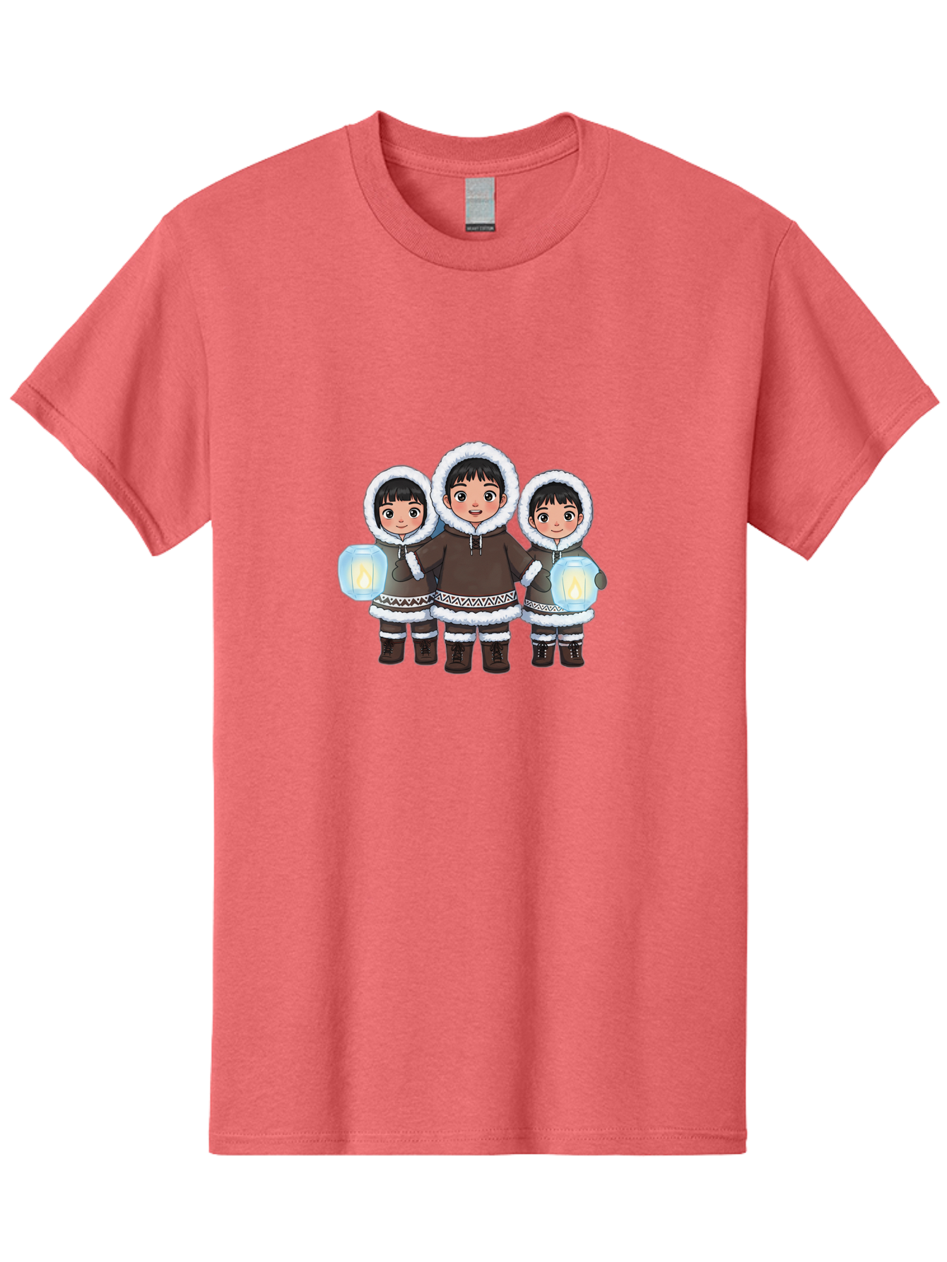 Inuit-Children-With-Lanterns Men'S Graphic Tee, 100% Cotton, Comfortable Casual Summer Wear, Machine Washable, Inuit Children, Traditional Clothing, Fur-Lined Hoods, Lanterns In Hands, Winter Attire, Arctic Culture, Indigenous People, Bad219