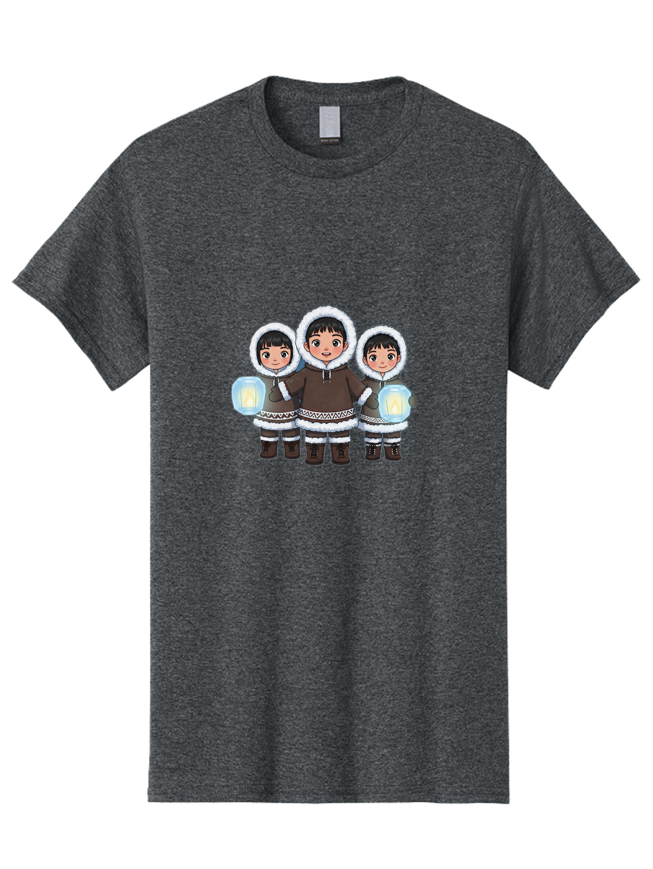 Inuit-Children-With-Lanterns Men'S Graphic Tee, 100% Cotton, Comfortable Casual Summer Wear, Machine Washable, Inuit Children, Traditional Clothing, Fur-Lined Hoods, Lanterns In Hands, Winter Attire, Arctic Culture, Indigenous People, Bad219