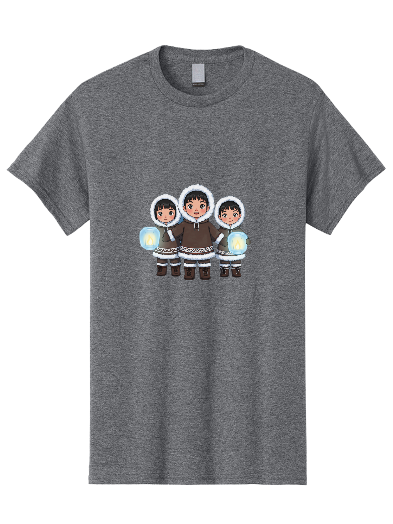 Inuit-Children-With-Lanterns Men'S Graphic Tee, 100% Cotton, Comfortable Casual Summer Wear, Machine Washable, Inuit Children, Traditional Clothing, Fur-Lined Hoods, Lanterns In Hands, Winter Attire, Arctic Culture, Indigenous People, Bad219
