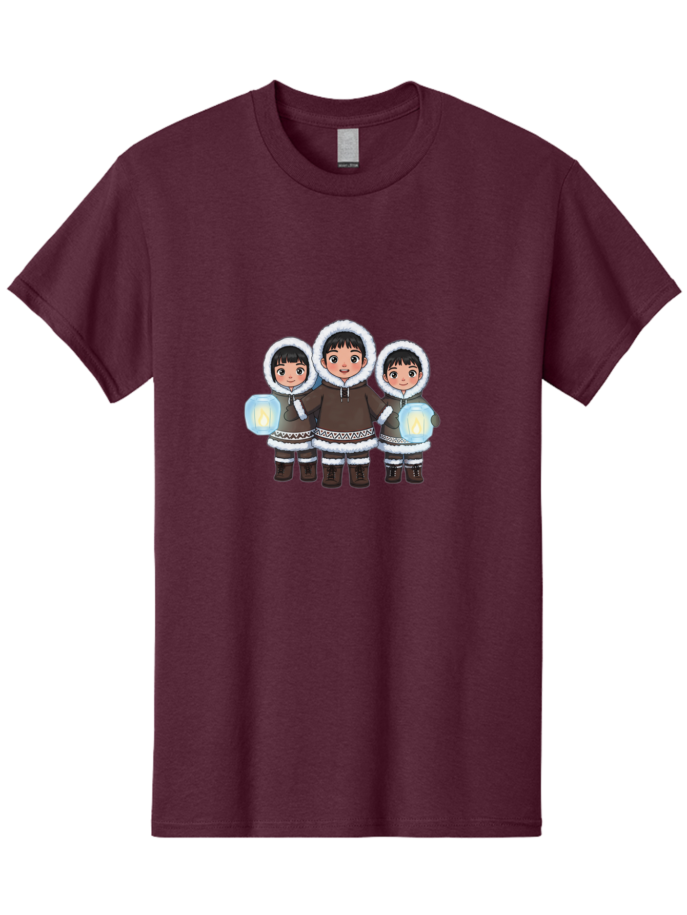 Inuit-Children-With-Lanterns Men'S Graphic Tee, 100% Cotton, Comfortable Casual Summer Wear, Machine Washable, Inuit Children, Traditional Clothing, Fur-Lined Hoods, Lanterns In Hands, Winter Attire, Arctic Culture, Indigenous People, Bad219