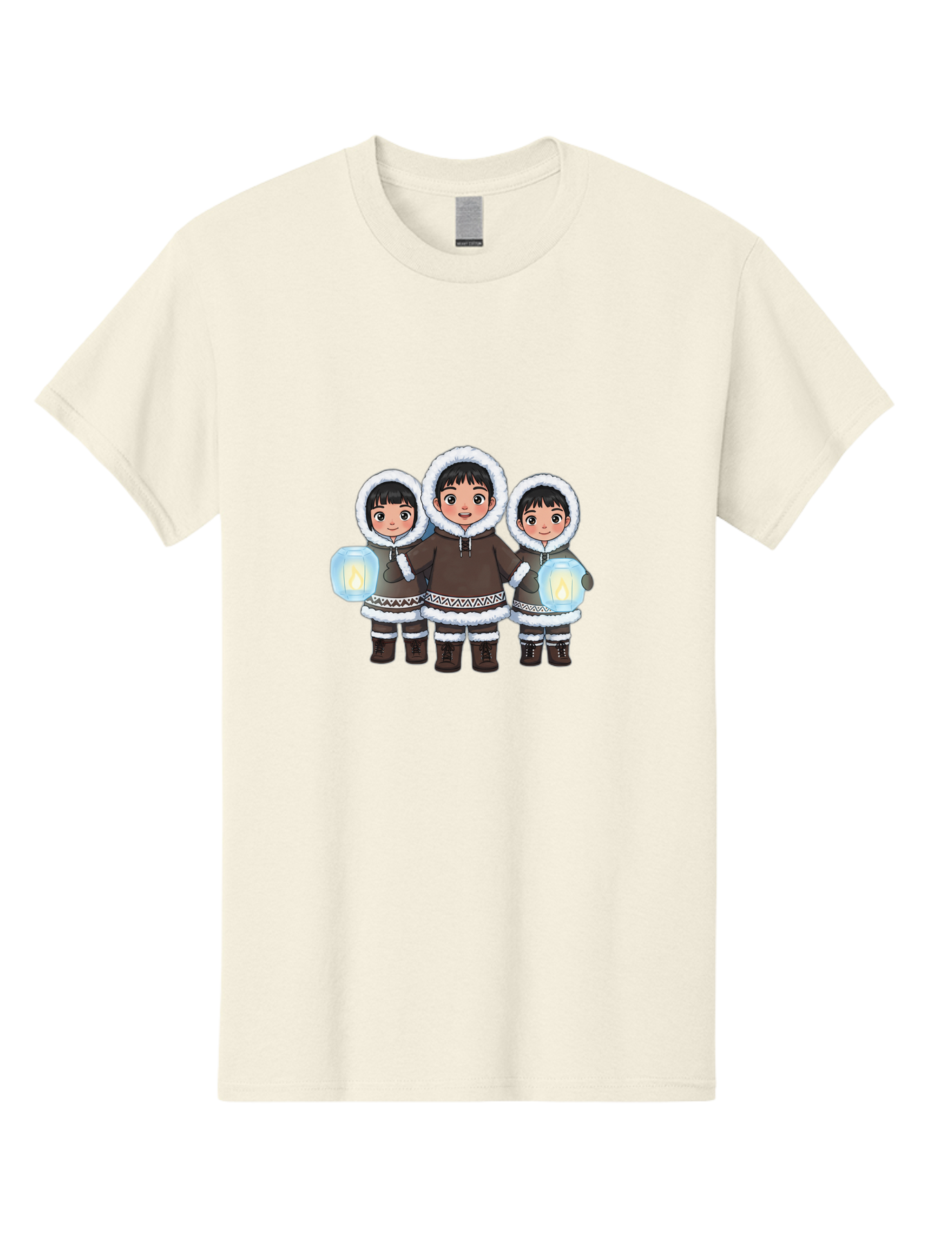 Inuit-Children-With-Lanterns Men'S Graphic Tee, 100% Cotton, Comfortable Casual Summer Wear, Machine Washable, Inuit Children, Traditional Clothing, Fur-Lined Hoods, Lanterns In Hands, Winter Attire, Arctic Culture, Indigenous People, Bad219