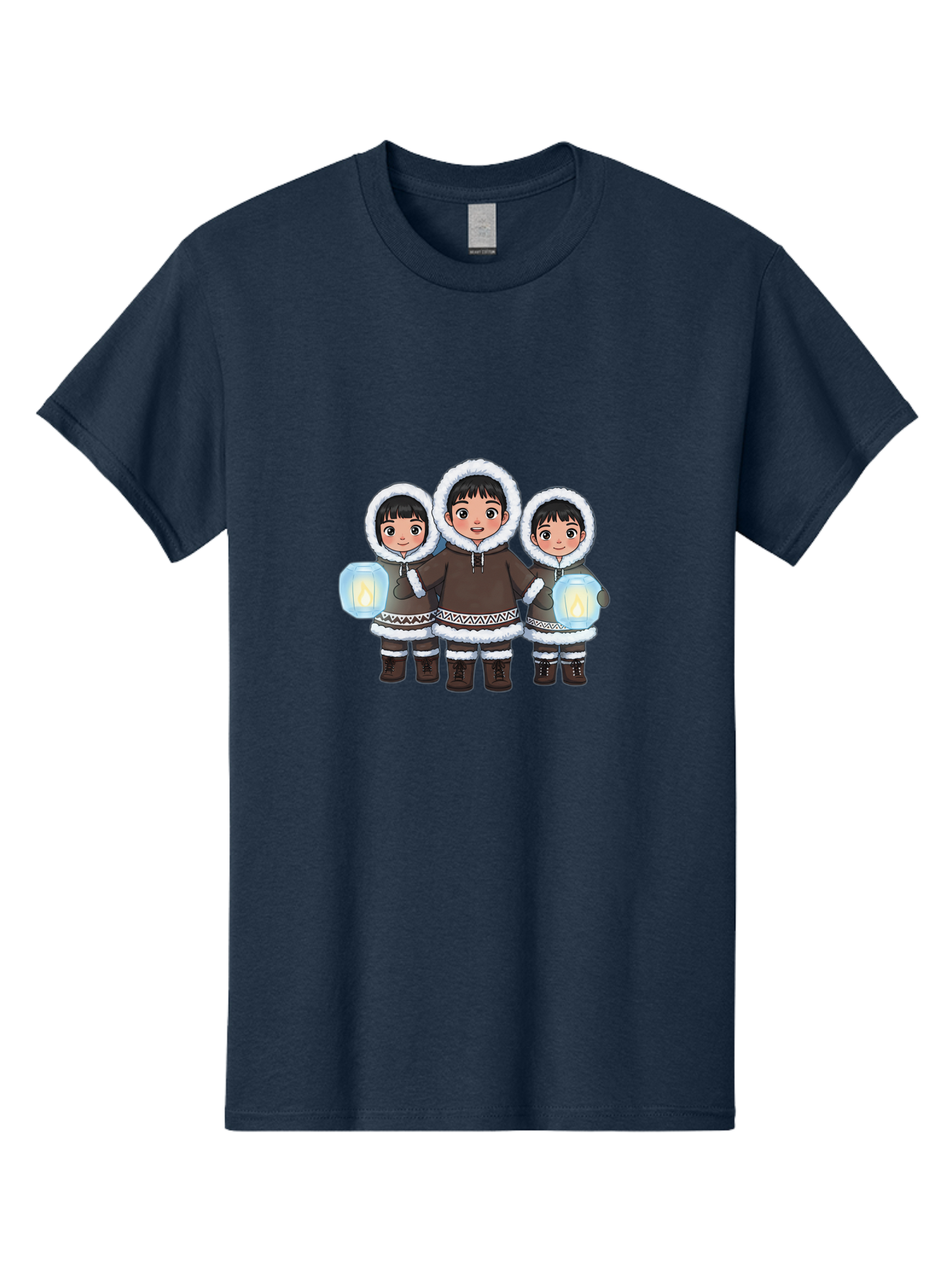 Inuit-Children-With-Lanterns Men'S Graphic Tee, 100% Cotton, Comfortable Casual Summer Wear, Machine Washable, Inuit Children, Traditional Clothing, Fur-Lined Hoods, Lanterns In Hands, Winter Attire, Arctic Culture, Indigenous People, Bad219