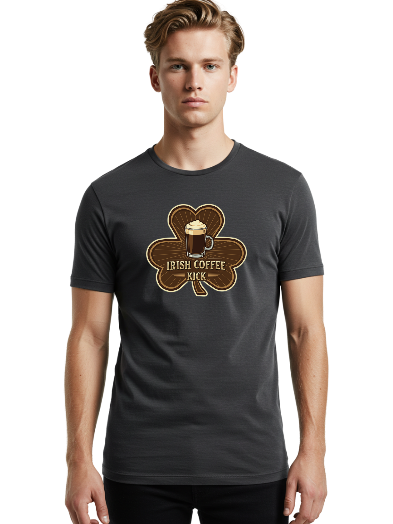 Irish-Coffee-Kick Men'S Graphic Tee, 100% Cotton, Comfortable Casual Summer Wear, Machine Washable, Irish Coffee, Coffee Kick, Coffee With Whipped Cream, Brown Cloverleaf, Energizing Beverage, Irish Heritage, Coffee Culture, Warm Drink, Bad220