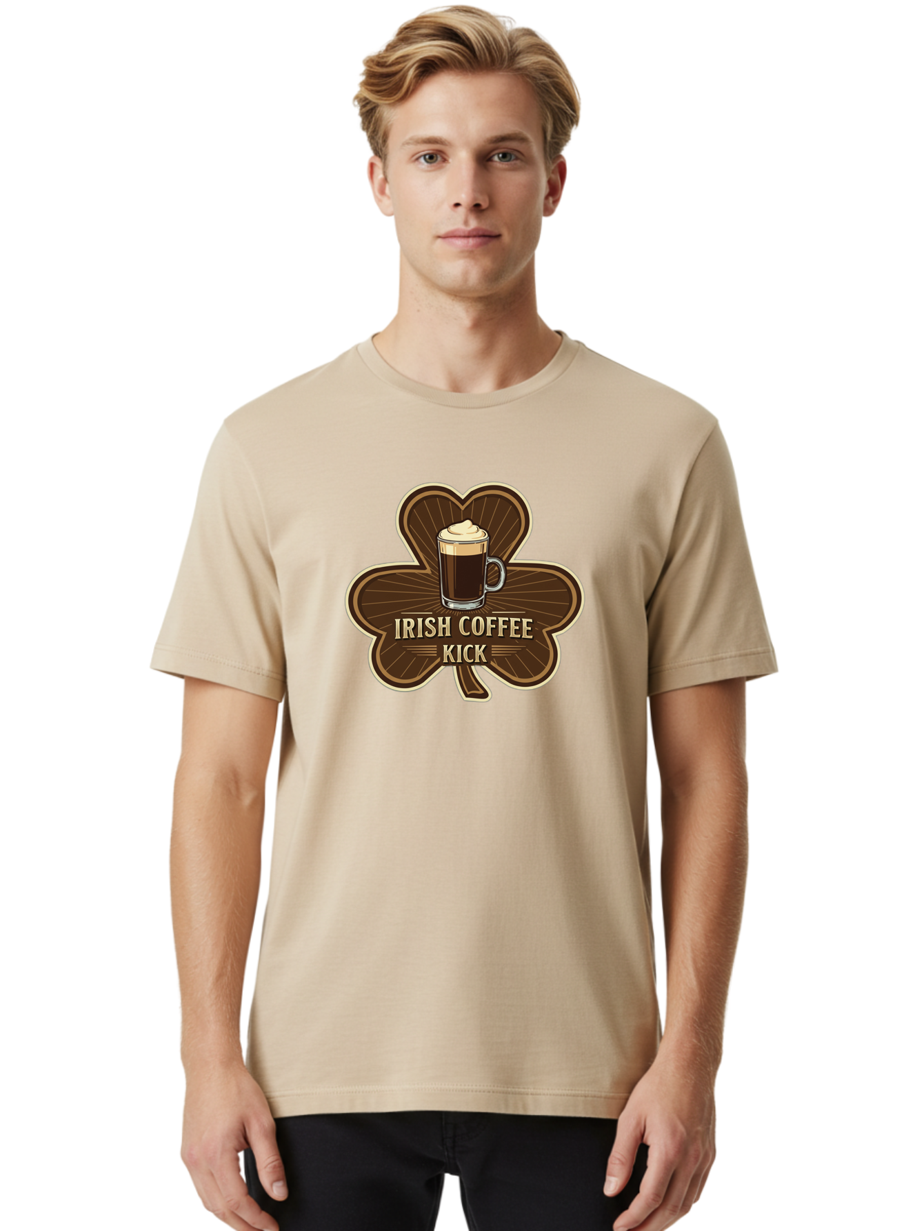 Irish-Coffee-Kick Men'S Graphic Tee, 100% Cotton, Comfortable Casual Summer Wear, Machine Washable, Irish Coffee, Coffee Kick, Coffee With Whipped Cream, Brown Cloverleaf, Energizing Beverage, Irish Heritage, Coffee Culture, Warm Drink, Bad220