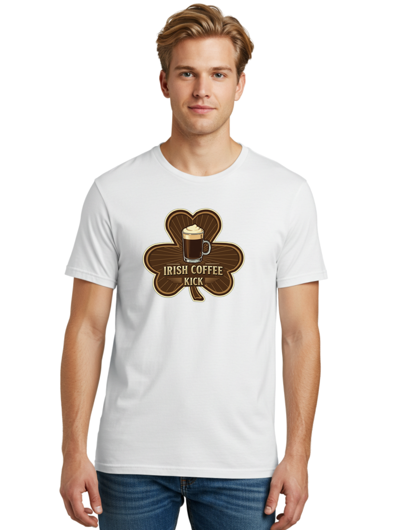 Irish-Coffee-Kick Men'S Graphic Tee, 100% Cotton, Comfortable Casual Summer Wear, Machine Washable, Irish Coffee, Coffee Kick, Coffee With Whipped Cream, Brown Cloverleaf, Energizing Beverage, Irish Heritage, Coffee Culture, Warm Drink, Bad220