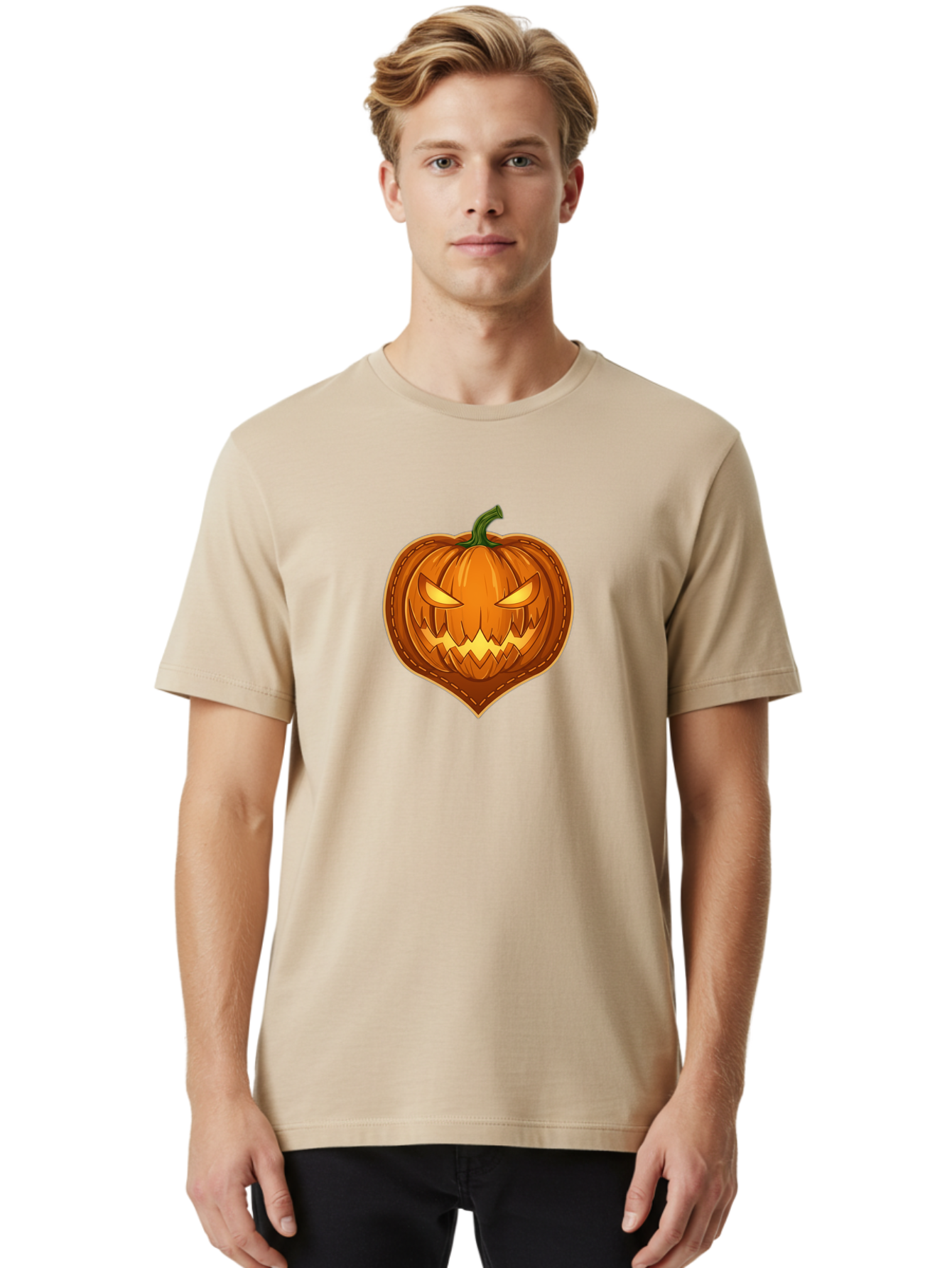 Jack-O-Lantern-1 Men'S Graphic Tee, 100% Cotton, Comfortable Casual Summer Wear, Machine Washable, Halloween Pumpkin, Jack O' Lantern, Spooky Face, Creepy Eyes, Stitched Pumpkin, Orange Pumpkin, Fall Decorations, Autumn Season, Cartoon Style, Bad221