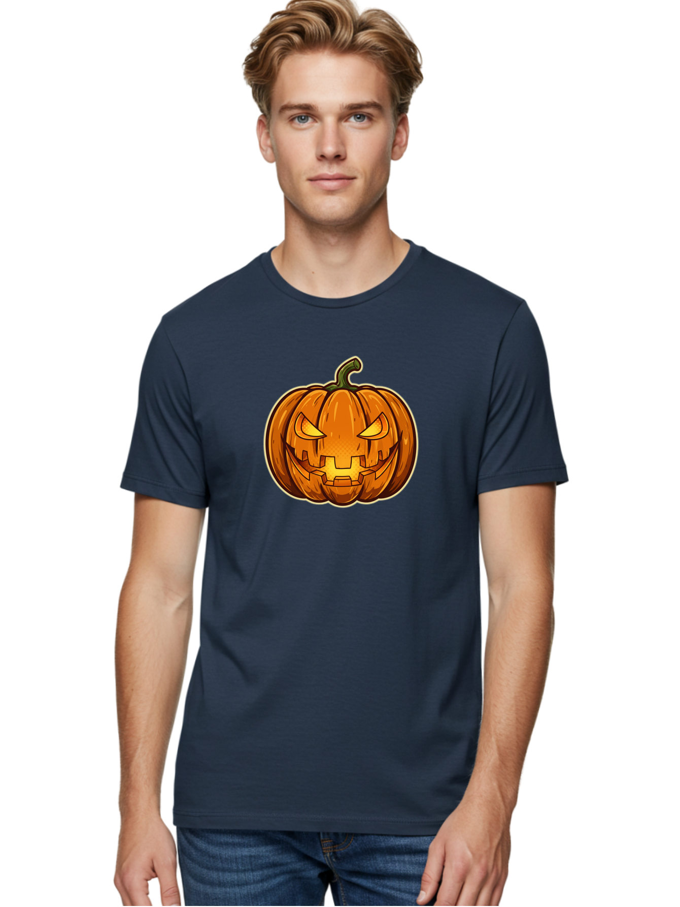Jack-O-Lantern-4 Men'S Graphic Tee, 100% Cotton, Comfortable Casual Summer Wear, Machine Washable, Halloween Pumpkin, Jack O Lantern, Spooky Face, Orange Pumpkin, Cartoon Style, Autumn Decoration, Halloween Symbol, Seasonal Decor Bad224