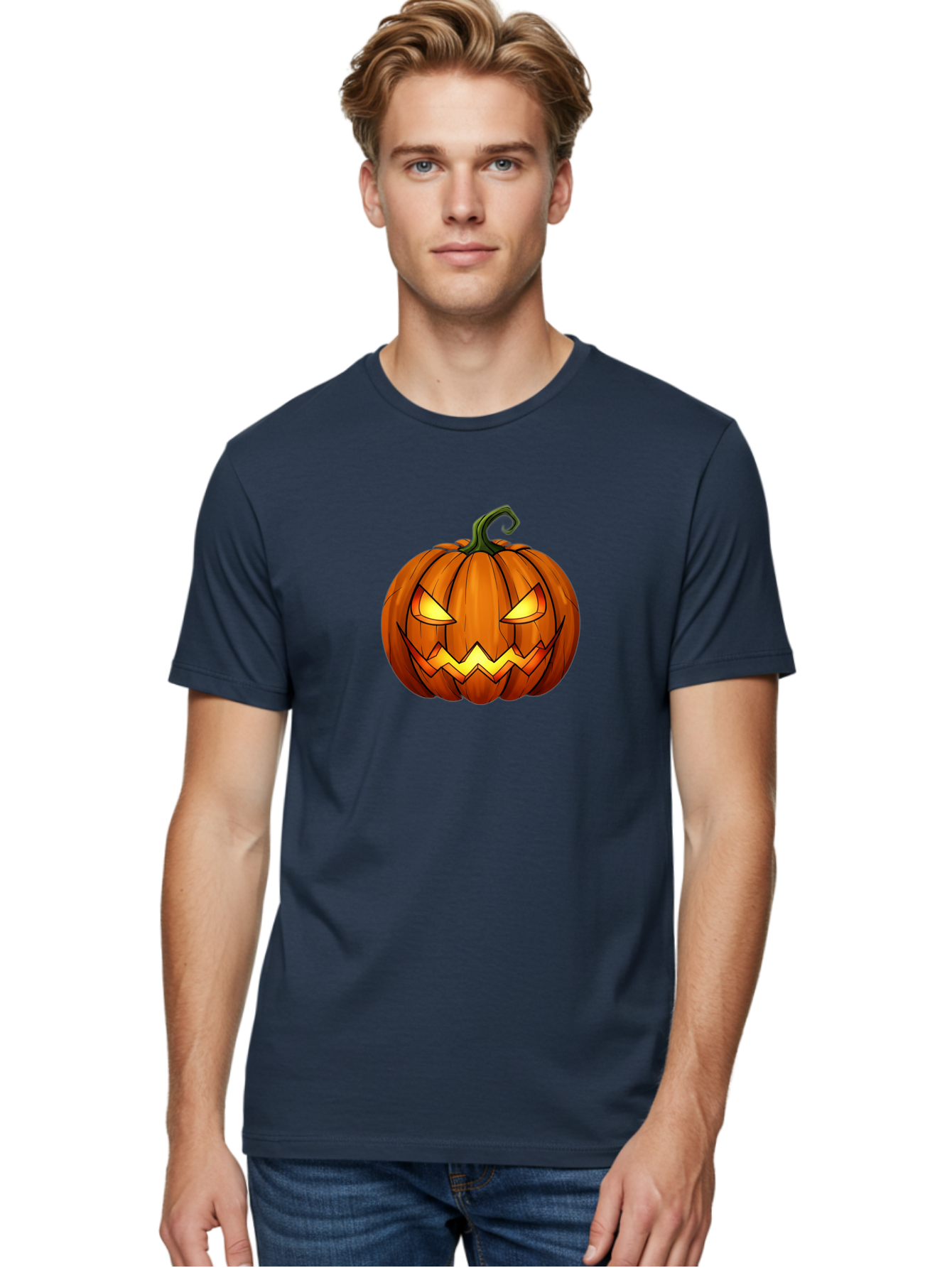 Jack-O-Lantern-Pumpkin Men'S Graphic Tee, 100% Cotton, Comfortable Casual Summer Wear, Machine Washable, Halloween Pumpkin, Carved Face, Glowing Eyes, Spooky Atmosphere, Autumnal Symbol, Festive Decor, Orange Gourd, Eerie Grin, Bad227