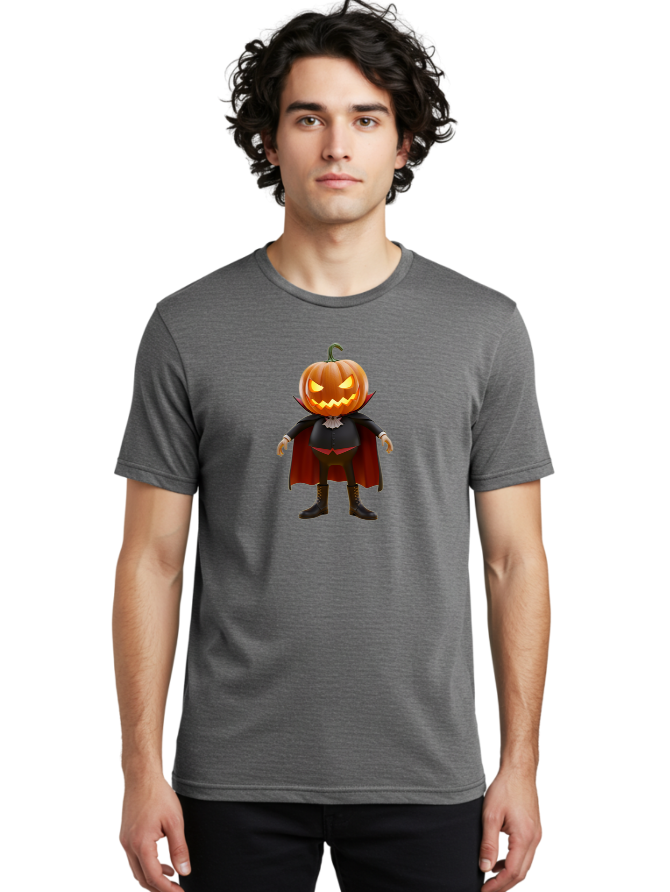 Jack-O-Lantern-Vampire Men'S Graphic Tee, 100% Cotton, Comfortable Casual Summer Wear, Machine Washable, Vampire Pumpkin, Jack-O-Lantern Head, Halloween Character, Spooky Figure, Red Cape, Black Suit, White Ruffle, Eerie Glow, Glowing Eyes, Bad228