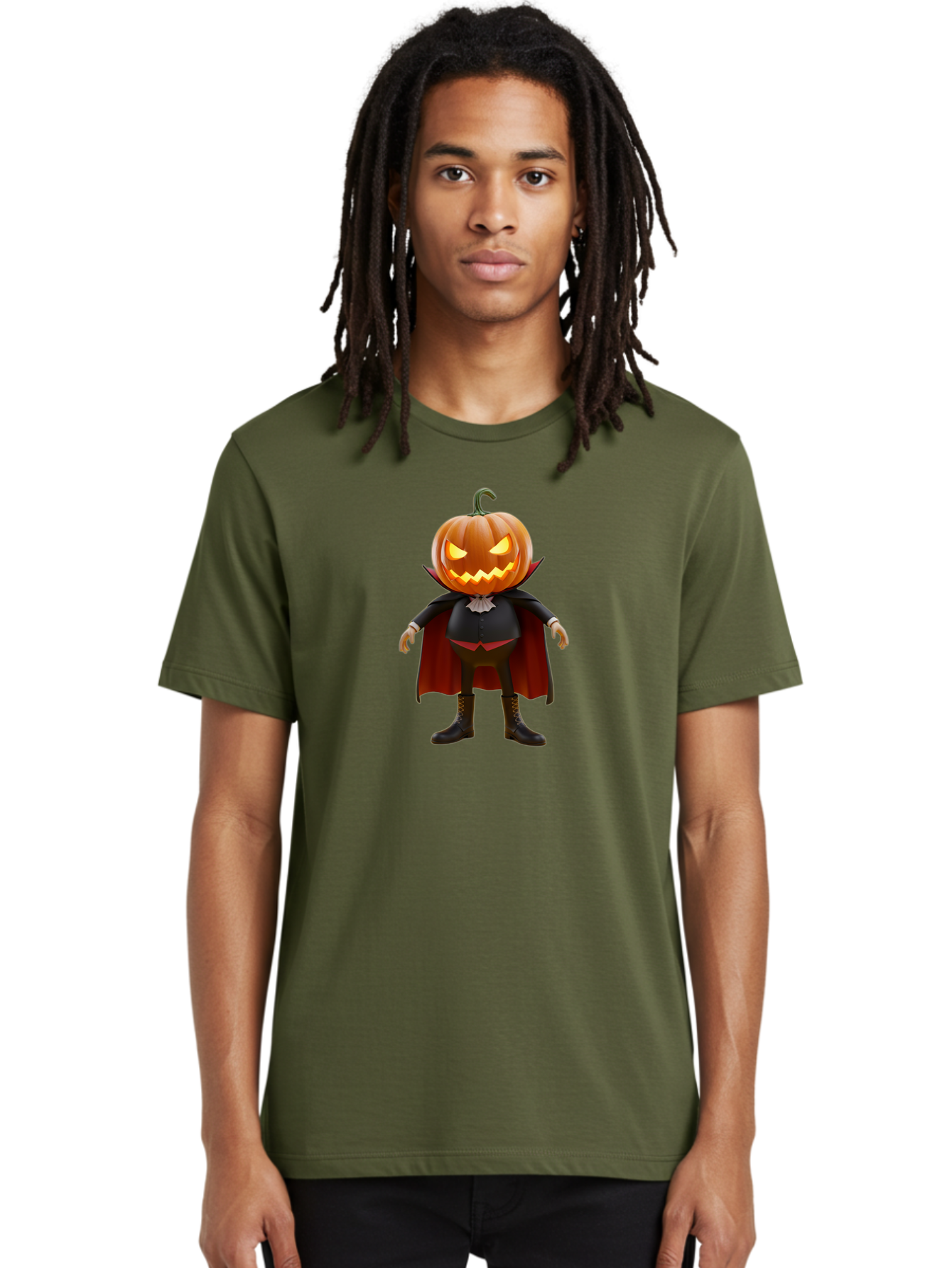 Jack-O-Lantern-Vampire Men'S Graphic Tee, 100% Cotton, Comfortable Casual Summer Wear, Machine Washable, Vampire Pumpkin, Jack-O-Lantern Head, Halloween Character, Spooky Figure, Red Cape, Black Suit, White Ruffle, Eerie Glow, Glowing Eyes, Bad228