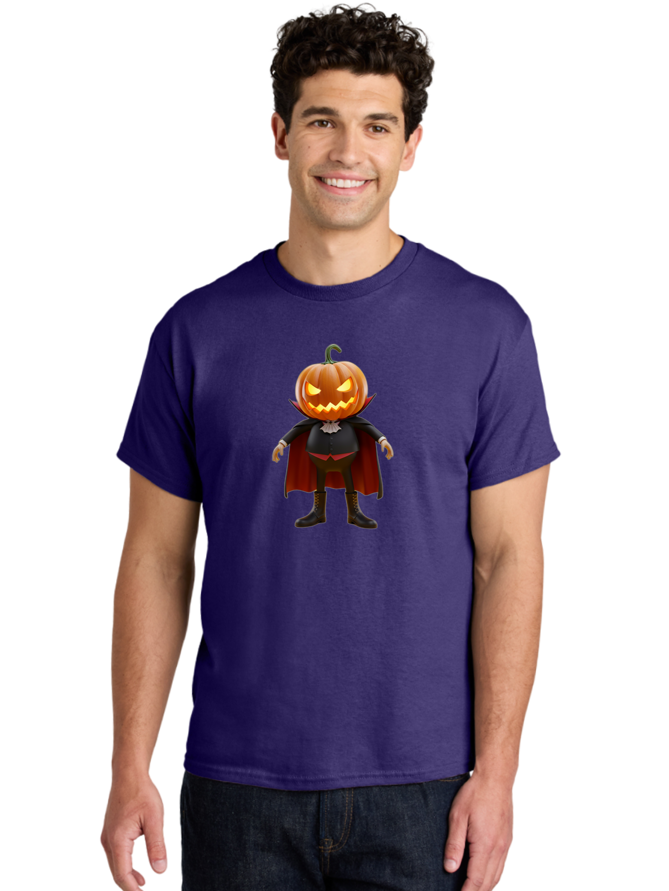Jack-O-Lantern-Vampire Men'S Graphic Tee, 100% Cotton, Comfortable Casual Summer Wear, Machine Washable, Vampire Pumpkin, Jack-O-Lantern Head, Halloween Character, Spooky Figure, Red Cape, Black Suit, White Ruffle, Eerie Glow, Glowing Eyes, Bad228