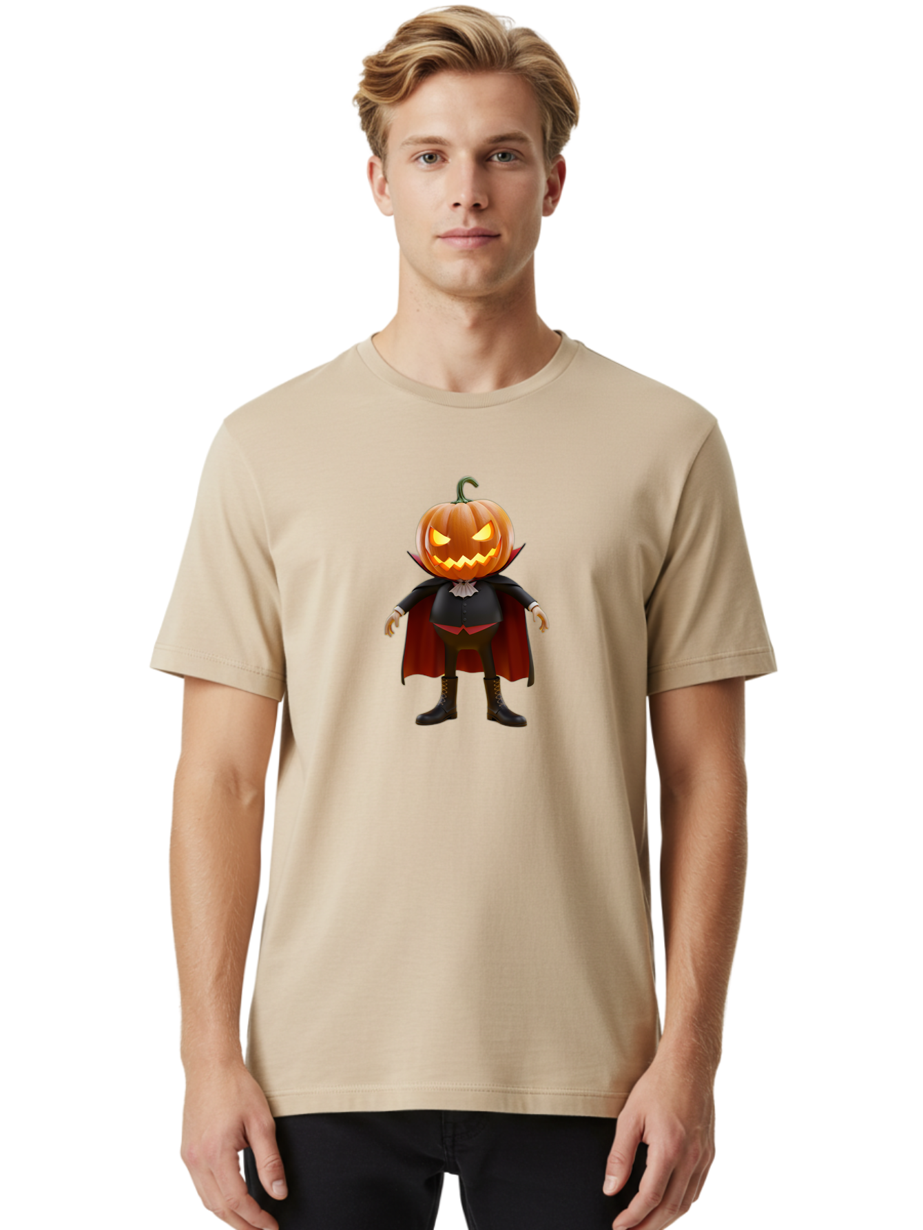 Jack-O-Lantern-Vampire Men'S Graphic Tee, 100% Cotton, Comfortable Casual Summer Wear, Machine Washable, Vampire Pumpkin, Jack-O-Lantern Head, Halloween Character, Spooky Figure, Red Cape, Black Suit, White Ruffle, Eerie Glow, Glowing Eyes, Bad228