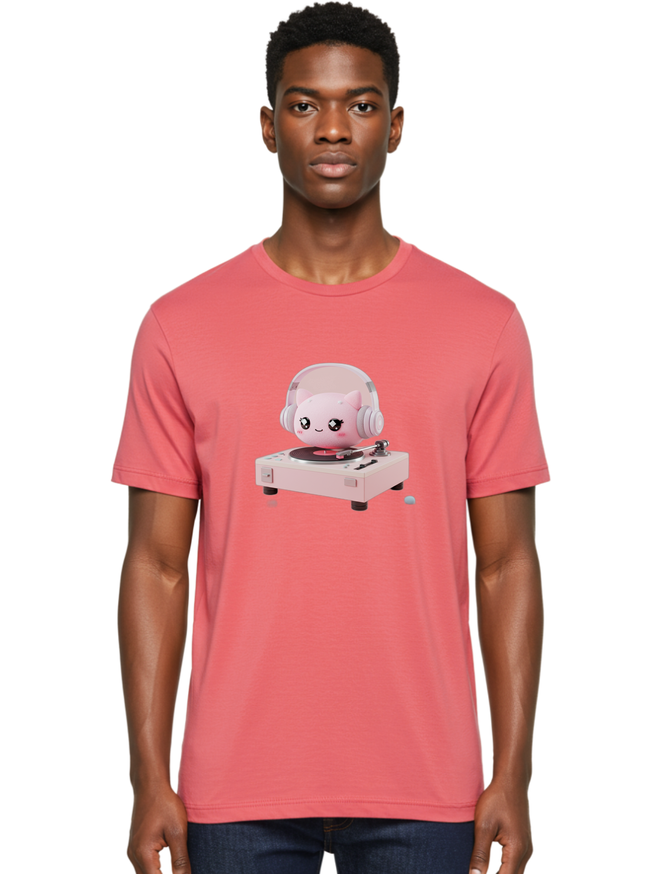 Jigglypuff-Listening-Music Men'S Graphic Tee, 100% Cotton, Comfortable Casual Summer Wear, Machine Washable, Jigglypuff Listening To Music, Pink Record Player, Pastel Colors, Cartoon Character, Retro Gaming, Nostalgic Vibes, Cute Illustration, Bad231