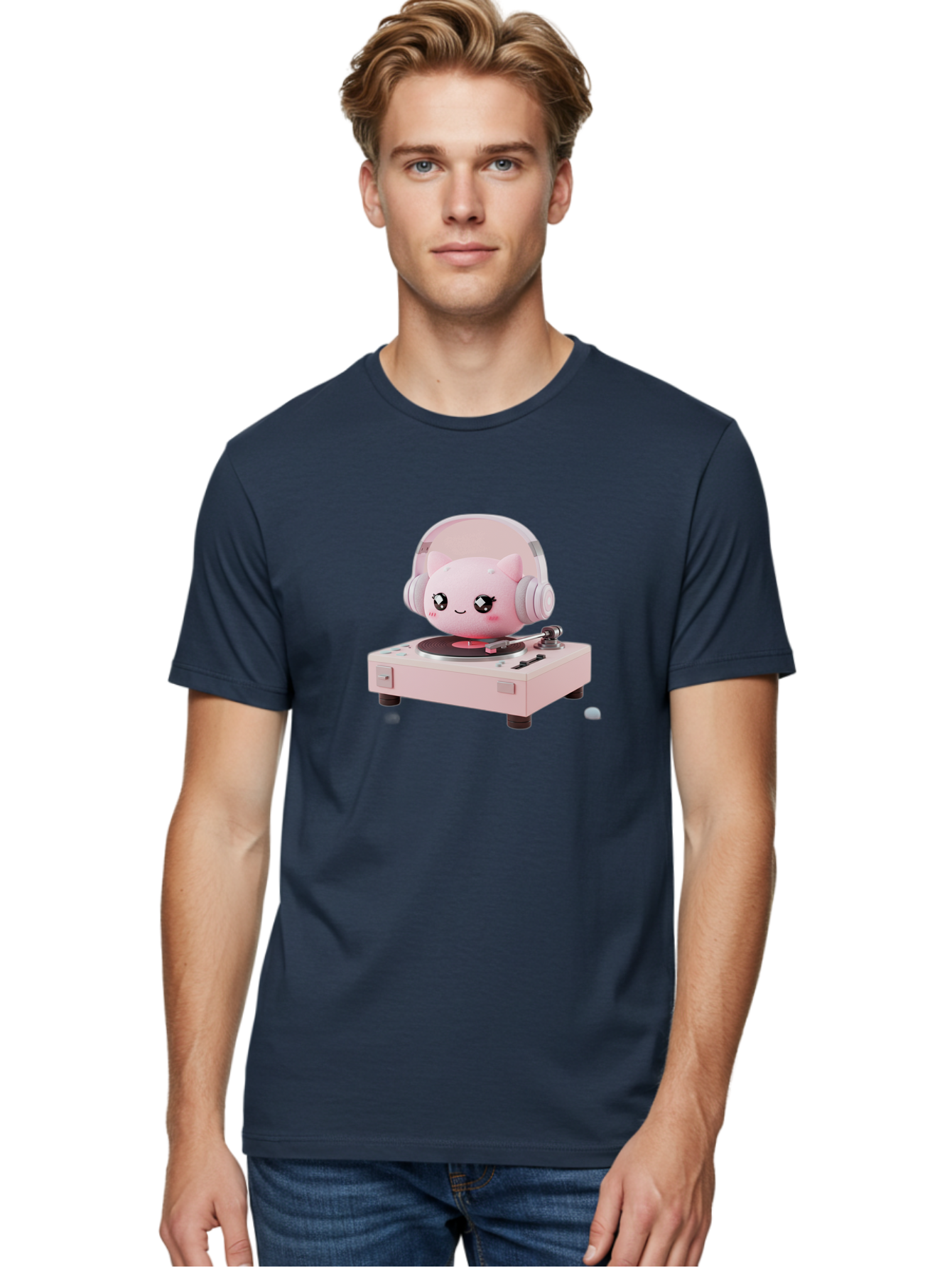 Jigglypuff-Listening-Music Men'S Graphic Tee, 100% Cotton, Comfortable Casual Summer Wear, Machine Washable, Jigglypuff Listening To Music, Pink Record Player, Pastel Colors, Cartoon Character, Retro Gaming, Nostalgic Vibes, Cute Illustration, Bad231