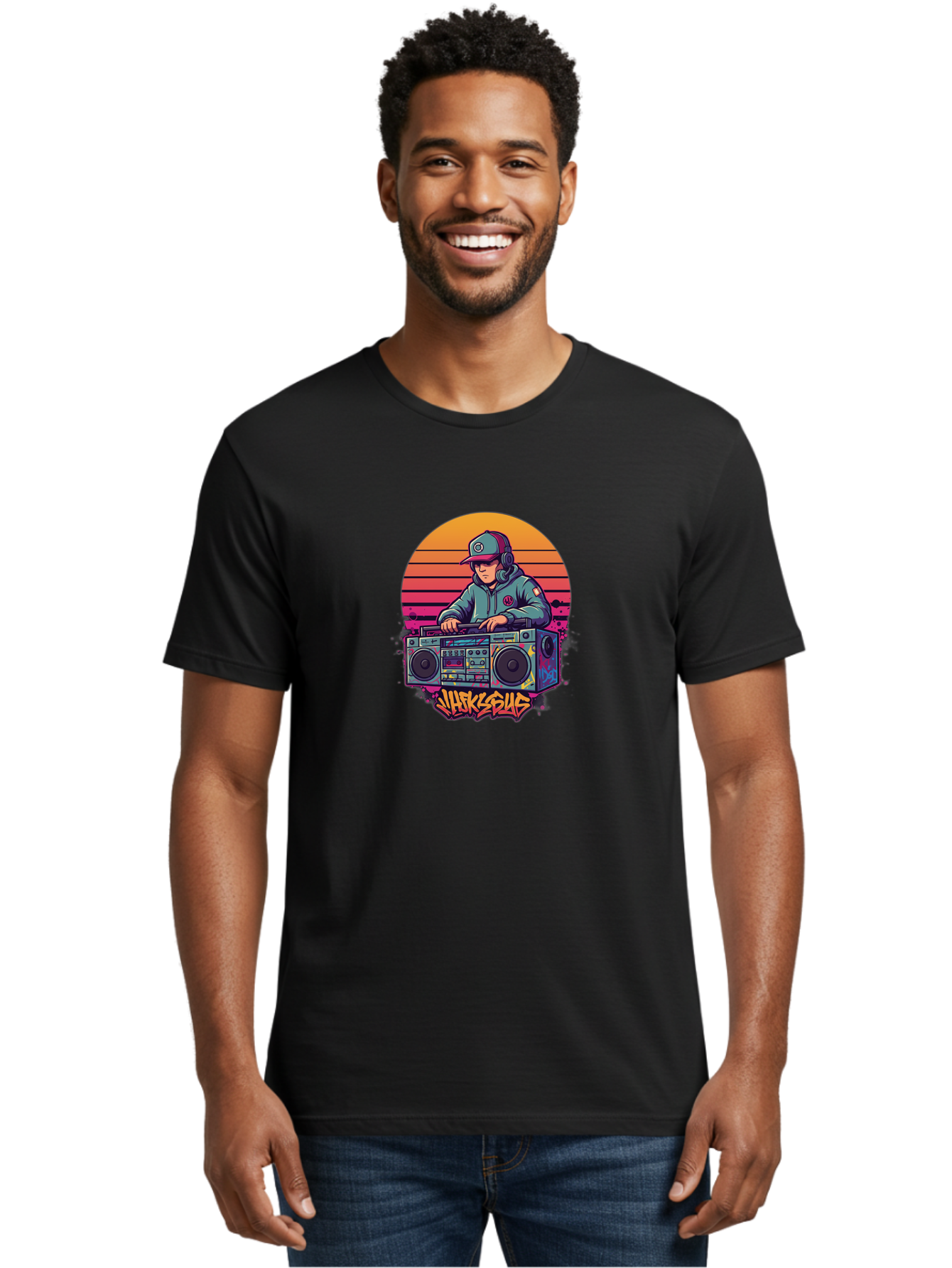 Jukesus Men'S Graphic Tee, 100% Cotton, Comfortable Casual Summer Wear, Machine Washable, Retro Dj, Boombox, Vintage Headphones, Street Style, Graffiti Art, Hip Hop Culture, 90S Nostalgia, Urban Fashion, Mixtape Vibes, Jukesus Logo, Bad233