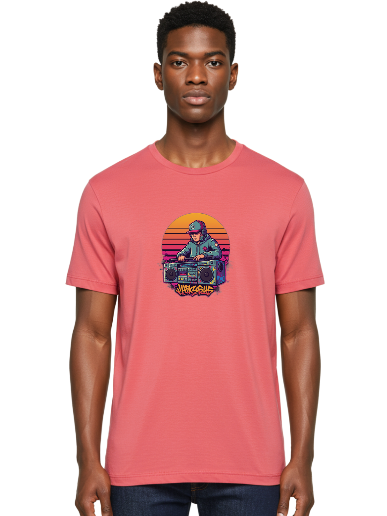 Jukesus Men'S Graphic Tee, 100% Cotton, Comfortable Casual Summer Wear, Machine Washable, Retro Dj, Boombox, Vintage Headphones, Street Style, Graffiti Art, Hip Hop Culture, 90S Nostalgia, Urban Fashion, Mixtape Vibes, Jukesus Logo, Bad233
