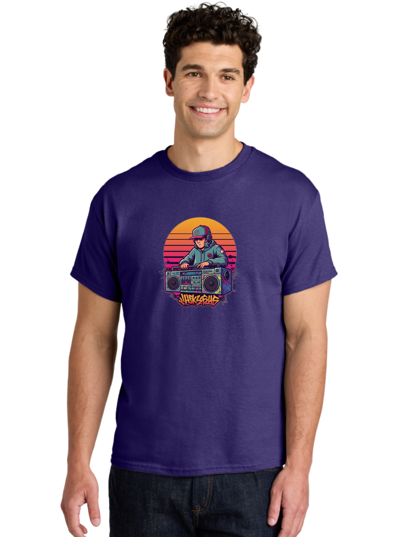Jukesus Men'S Graphic Tee, 100% Cotton, Comfortable Casual Summer Wear, Machine Washable, Retro Dj, Boombox, Vintage Headphones, Street Style, Graffiti Art, Hip Hop Culture, 90S Nostalgia, Urban Fashion, Mixtape Vibes, Jukesus Logo, Bad233