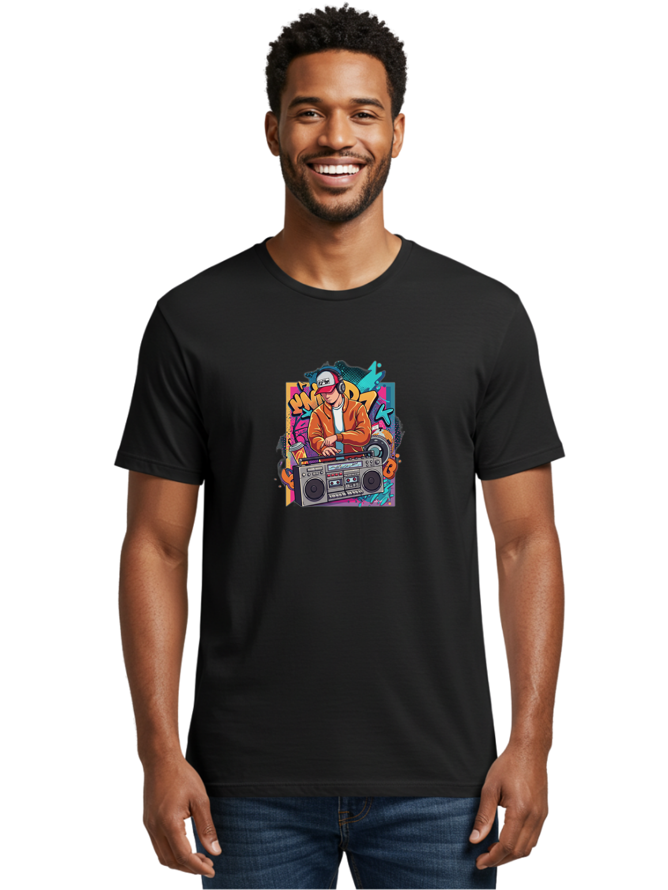 Junk-D-K Men'S Graphic Tee, 100% Cotton, Comfortable Casual Summer Wear, Machine Washable, Dj Spinning Tracks, Retro Boombox, Graffiti Art, Street Culture, Hip Hop Vibes, Urban Music, Vintage Style, Cool Headphones Bad234
