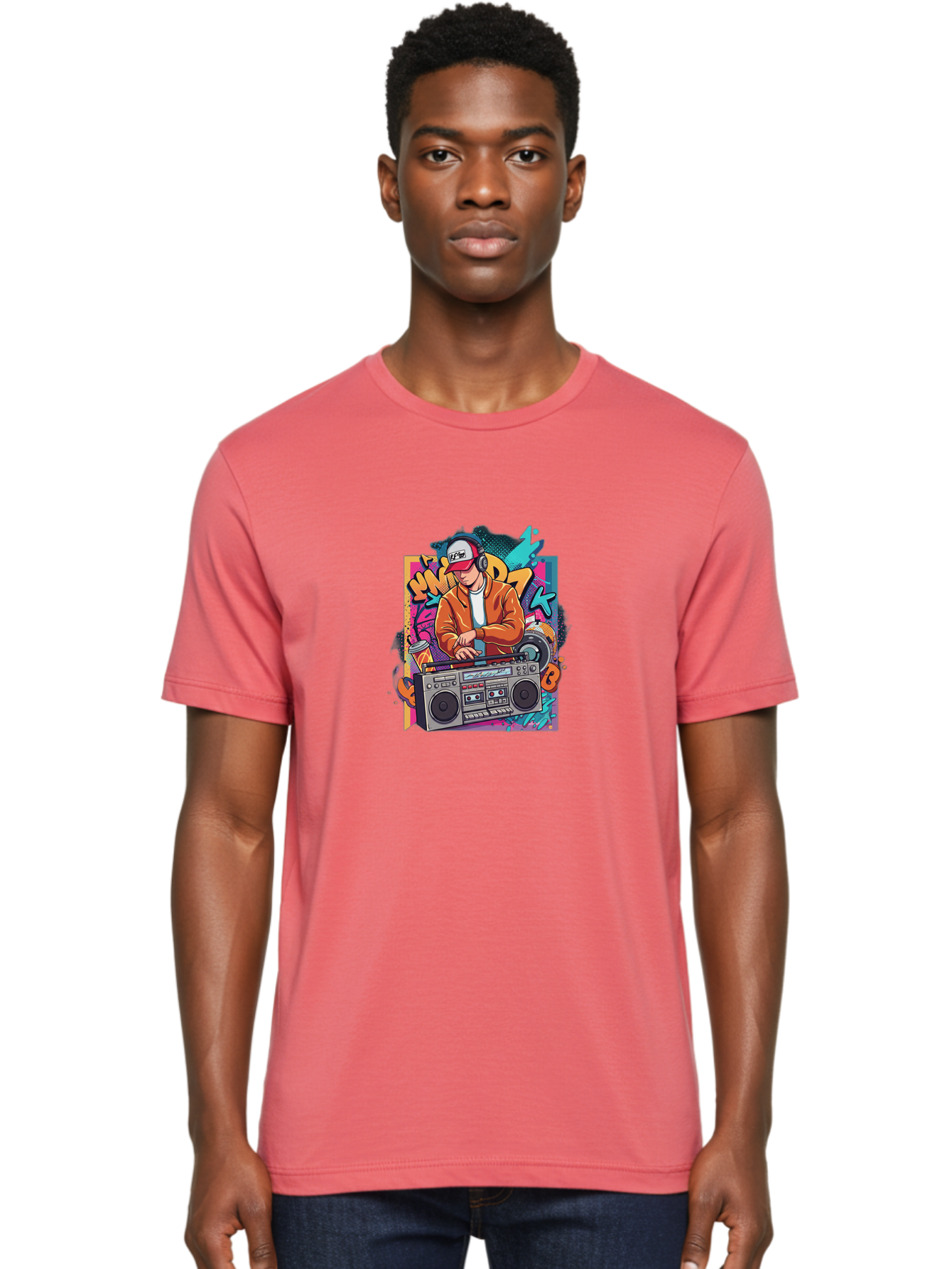 Junk-D-K Men'S Graphic Tee, 100% Cotton, Comfortable Casual Summer Wear, Machine Washable, Dj Spinning Tracks, Retro Boombox, Graffiti Art, Street Culture, Hip Hop Vibes, Urban Music, Vintage Style, Cool Headphones Bad234