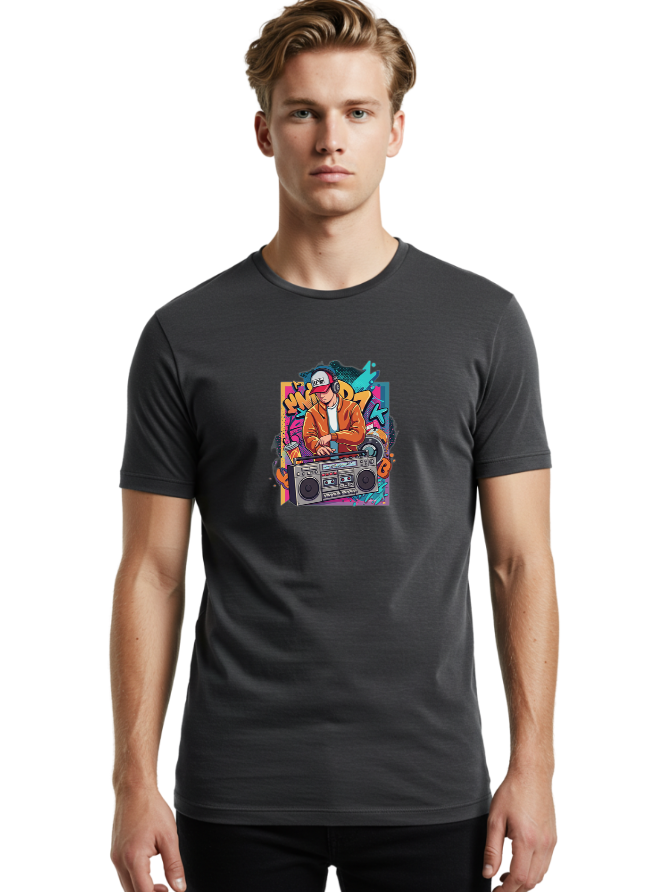 Junk-D-K Men'S Graphic Tee, 100% Cotton, Comfortable Casual Summer Wear, Machine Washable, Dj Spinning Tracks, Retro Boombox, Graffiti Art, Street Culture, Hip Hop Vibes, Urban Music, Vintage Style, Cool Headphones Bad234