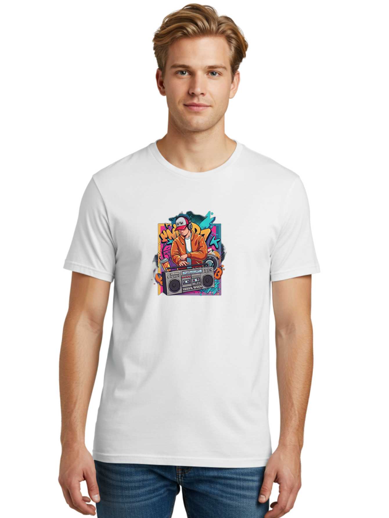 Junk-D-K Men'S Graphic Tee, 100% Cotton, Comfortable Casual Summer Wear, Machine Washable, Dj Spinning Tracks, Retro Boombox, Graffiti Art, Street Culture, Hip Hop Vibes, Urban Music, Vintage Style, Cool Headphones Bad234