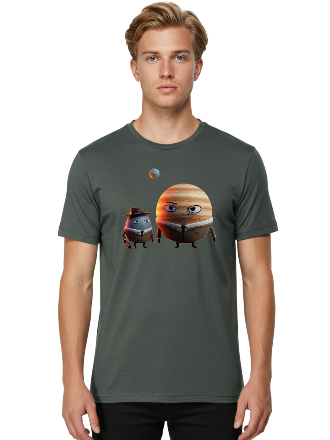 Jupiter-And-Earth Men'S Graphic Tee, 100% Cotton, Comfortable Casual Summer Wear, Machine Washable, Cartoon Planets, Jupiter And Mercury, Anthropomorphic Characters, Detective Character, Jupiter With Angry Face, Mercury With Detective Hat, Bad237