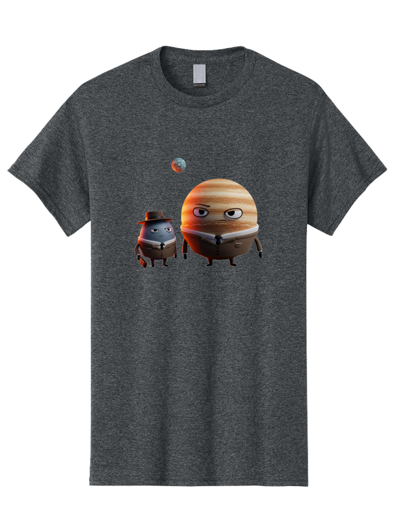 Jupiter-And-Earth Men'S Graphic Tee, 100% Cotton, Comfortable Casual Summer Wear, Machine Washable, Cartoon Planets, Jupiter And Mercury, Anthropomorphic Characters, Detective Character, Jupiter With Angry Face, Mercury With Detective Hat, Bad237