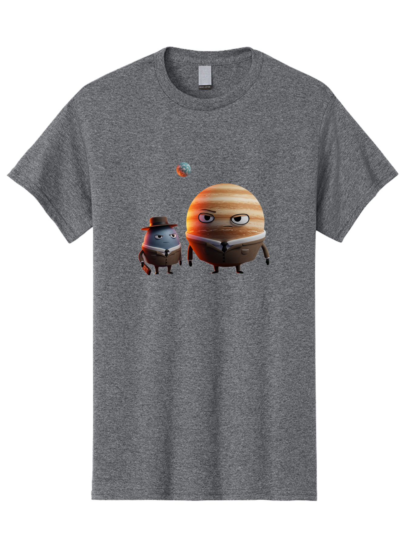 Jupiter-And-Earth Men'S Graphic Tee, 100% Cotton, Comfortable Casual Summer Wear, Machine Washable, Cartoon Planets, Jupiter And Mercury, Anthropomorphic Characters, Detective Character, Jupiter With Angry Face, Mercury With Detective Hat, Bad237