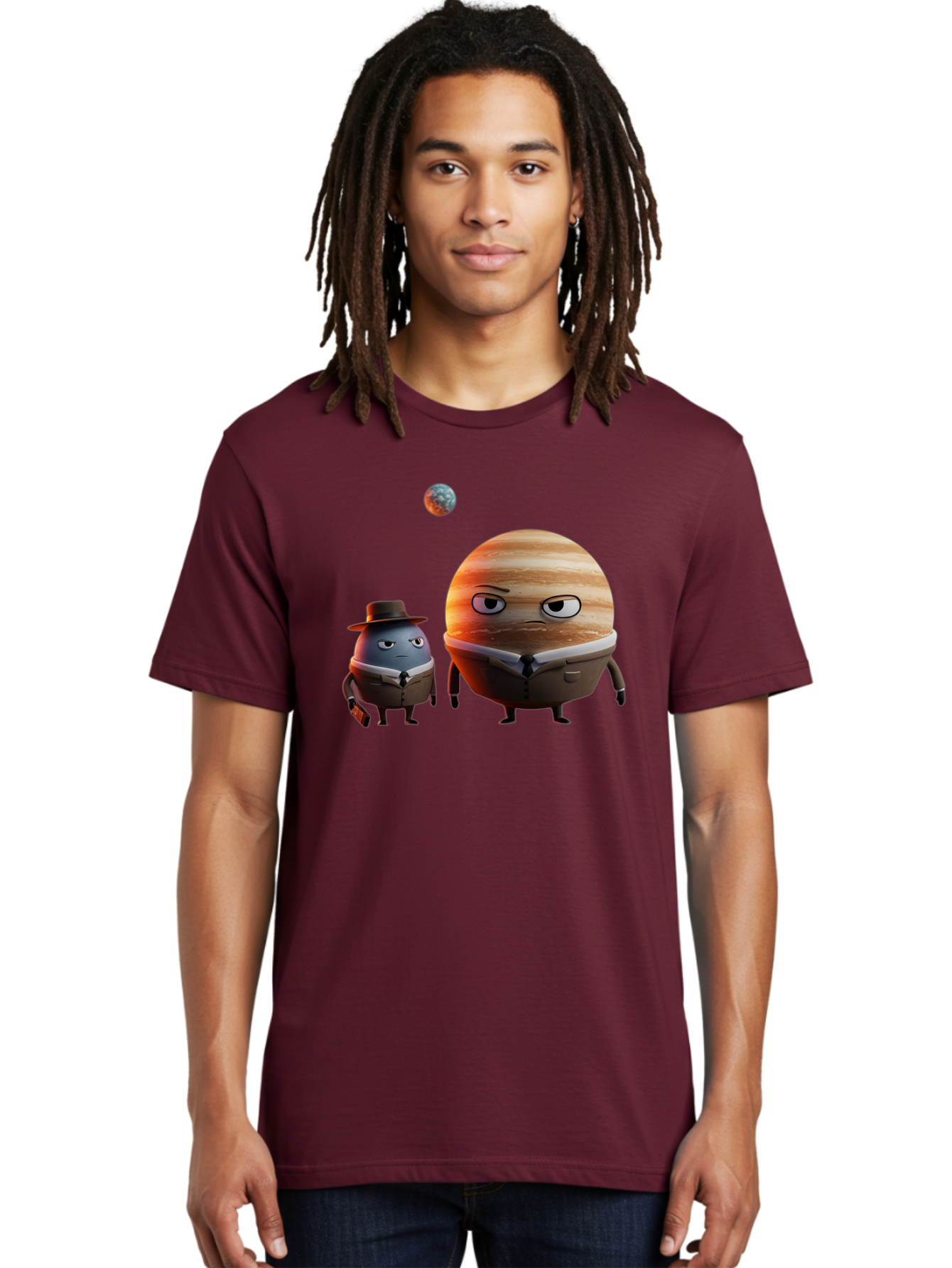Jupiter-And-Earth Men'S Graphic Tee, 100% Cotton, Comfortable Casual Summer Wear, Machine Washable, Cartoon Planets, Jupiter And Mercury, Anthropomorphic Characters, Detective Character, Jupiter With Angry Face, Mercury With Detective Hat, Bad237