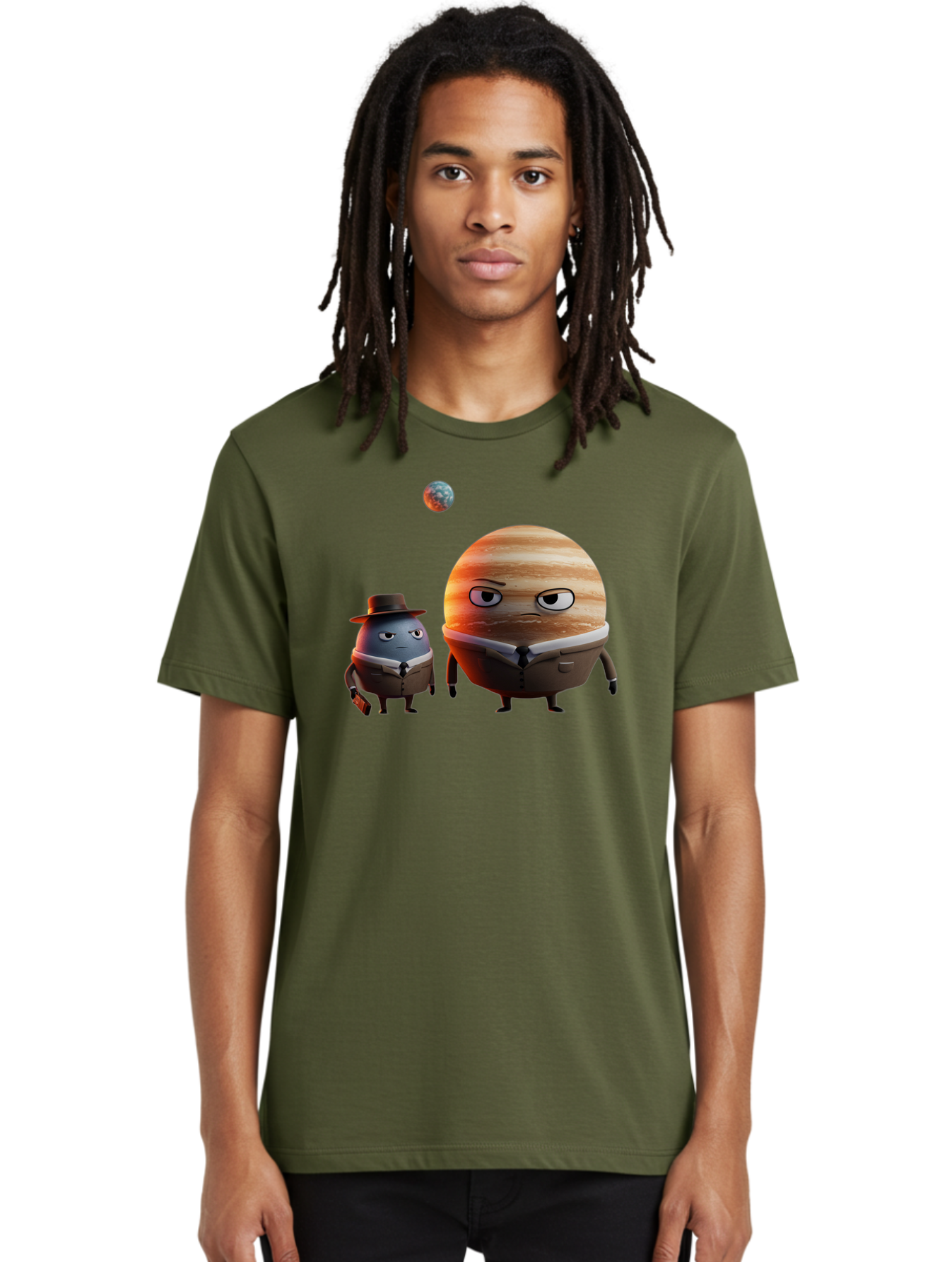 Jupiter-And-Earth Men'S Graphic Tee, 100% Cotton, Comfortable Casual Summer Wear, Machine Washable, Cartoon Planets, Jupiter And Mercury, Anthropomorphic Characters, Detective Character, Jupiter With Angry Face, Mercury With Detective Hat, Bad237