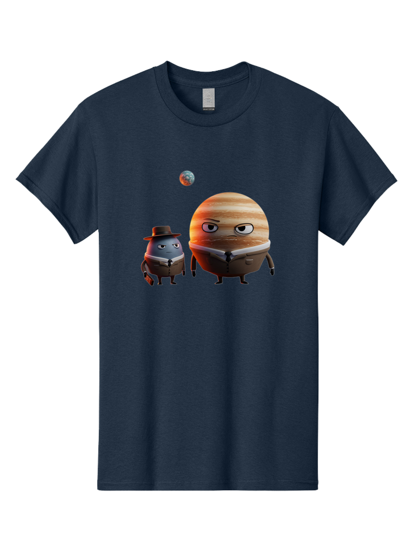 Jupiter-And-Earth Men'S Graphic Tee, 100% Cotton, Comfortable Casual Summer Wear, Machine Washable, Cartoon Planets, Jupiter And Mercury, Anthropomorphic Characters, Detective Character, Jupiter With Angry Face, Mercury With Detective Hat, Bad237