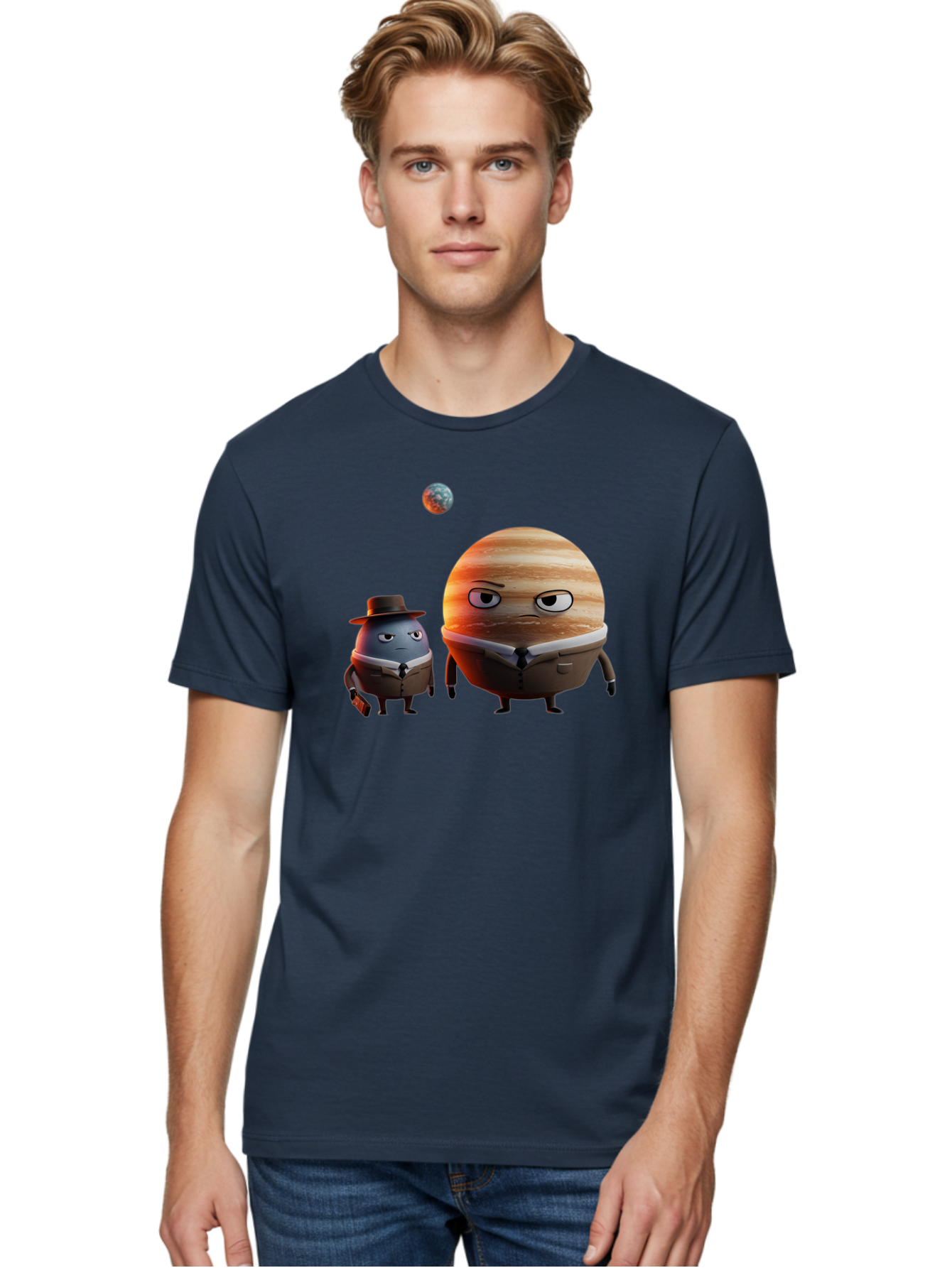 Jupiter-And-Earth Men'S Graphic Tee, 100% Cotton, Comfortable Casual Summer Wear, Machine Washable, Cartoon Planets, Jupiter And Mercury, Anthropomorphic Characters, Detective Character, Jupiter With Angry Face, Mercury With Detective Hat, Bad237